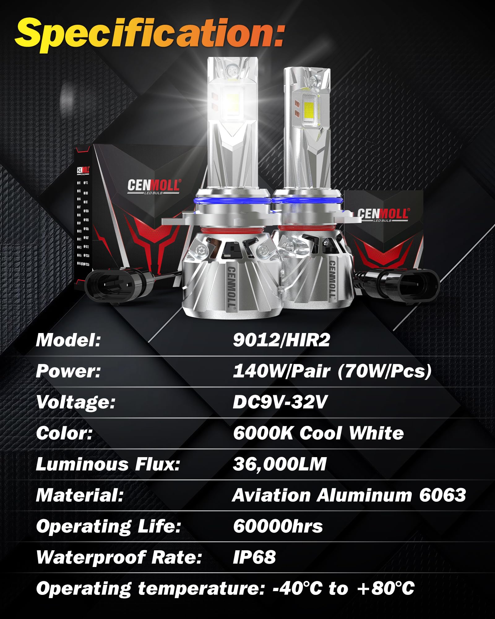 Ampoule HIR2 9012 Led, 140W 36000 LM luminosité 700% angle de faisceau réglable à 360 degrés, blanc froid 6000K Ampoule 9012 HIR2 Led 12V 24V pilote Canbus intégré, Plug & Play, lot de 2