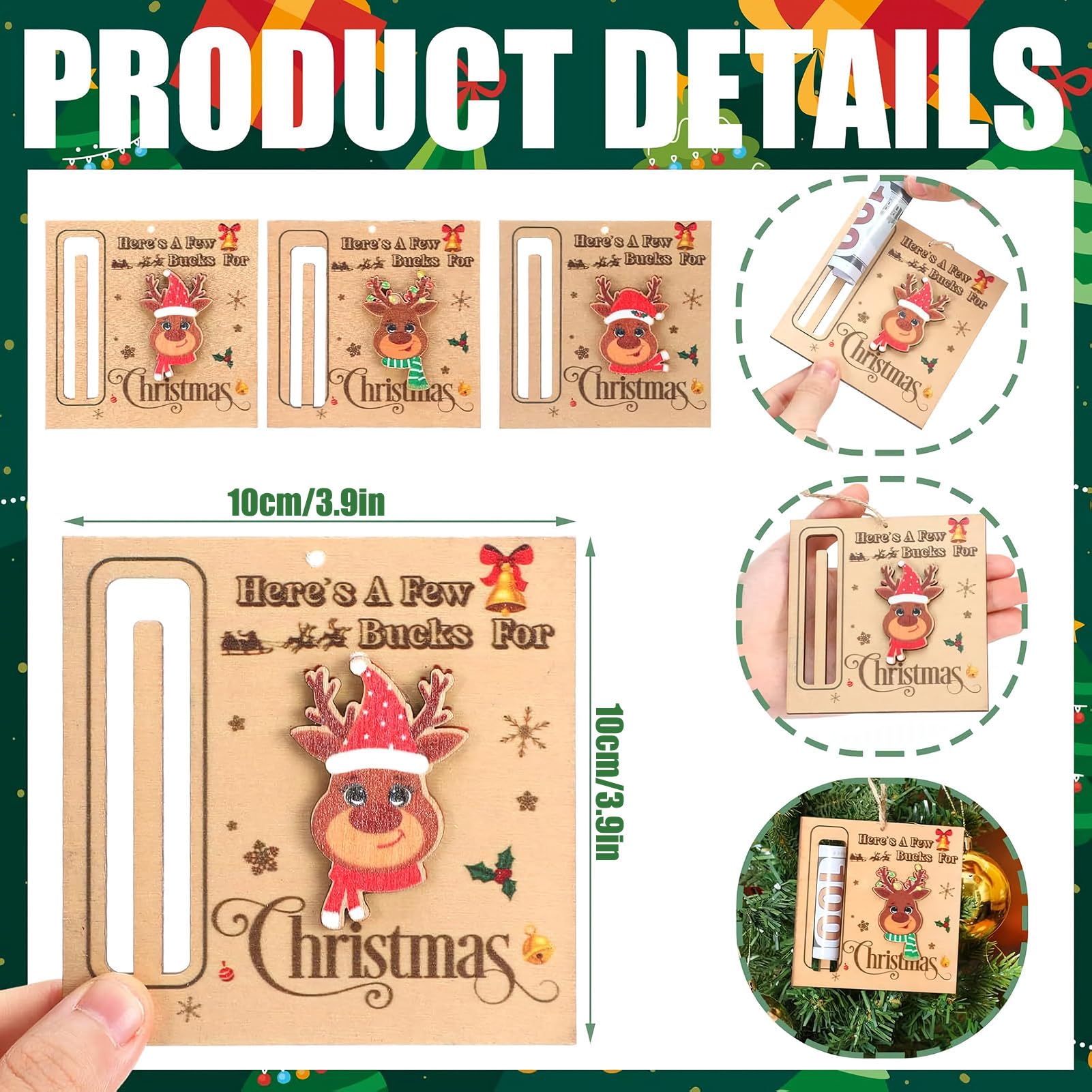 Portasoldi Natalizi in Legno 3 Pezzi Ornamenti Decorativi a Clip per Denaro per Albero di Natale