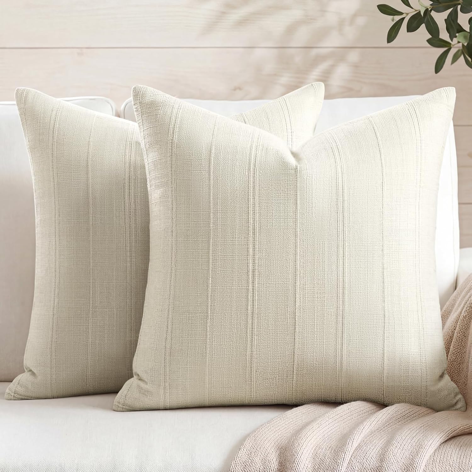 NOVILYS Decorative Linen Textured Throw Pillow Covers, 24x24 Inch Set of 2 Cotton Blend Striped Pillow Cases, Neutral Cushion Covers for Accent Home Decor, Sofa Bedroom, Living Room, Natural Beige