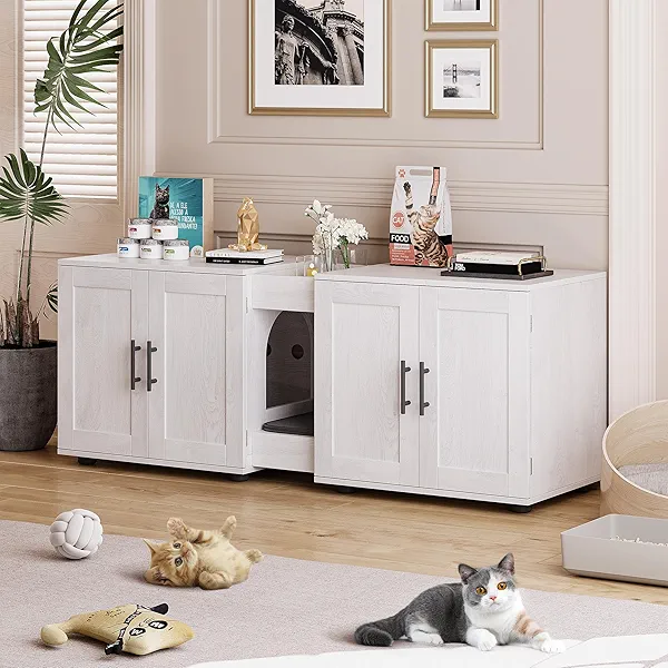 GarveeLife Cat Litter Box Enclosure for 2 Cats, Furniture with Double Room,Hidden Double Litter Box Enclosure Furniture,Cabinet with Scratching Pad,White