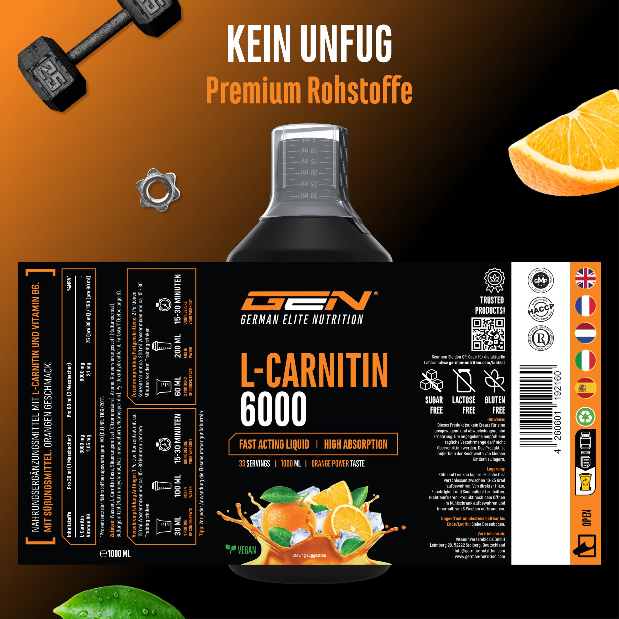 L-Carnitine 6000 Liquid - 1000 ml - Extra High Dose with 6000 mg Pure L-Carnitine per Daily Serving - Amino Workout Drink - Delicious Taste (Orange ... L-Carnitine 6000 Liquid - 1000 ml - Extra High Dose with 6000 mg Pure L-Carnitine per Daily Serving - Amino Workout Drink - Delicious Taste (Orange ...