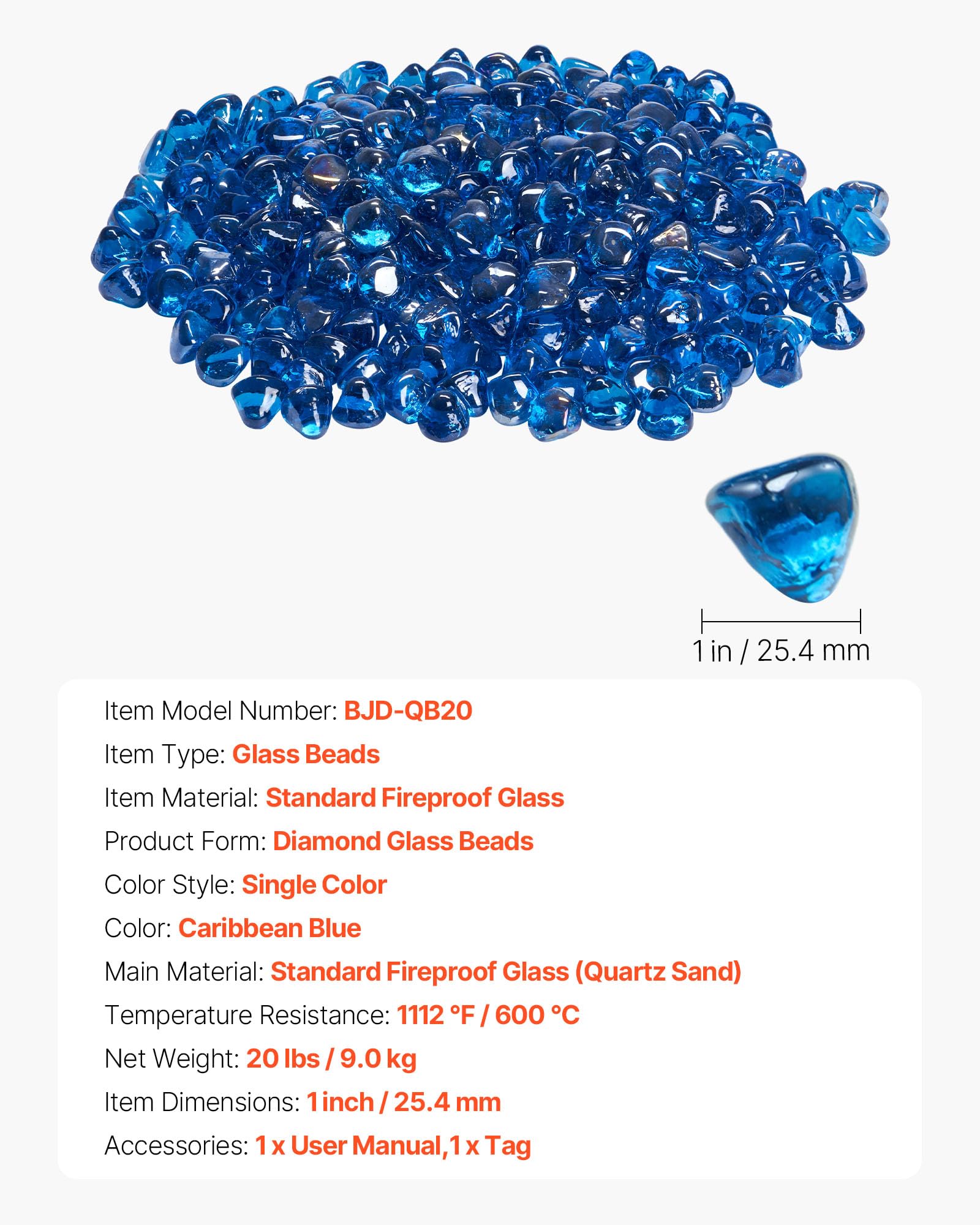 VEVOR Vetro per Braciere, Pietre per Caminetti Resistenti alle Alte Temperature, 9 kg, Perline Diamantate in Vetro Riflettenti da 25,4 mm, Alta Lucentezza, per Tavolo da Braciere, Blu Caraibico