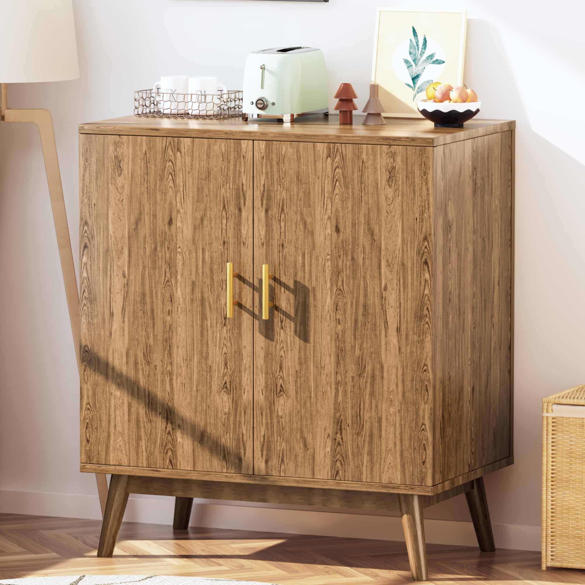 Lamerge Wine Bar Cabinet with Storage, Liquor Cabinet Kitchen Storage Cabinet with Wine Rack and Glass Holder, Sideboard Buffet Cabinet for Home Coffee Bar, Natural