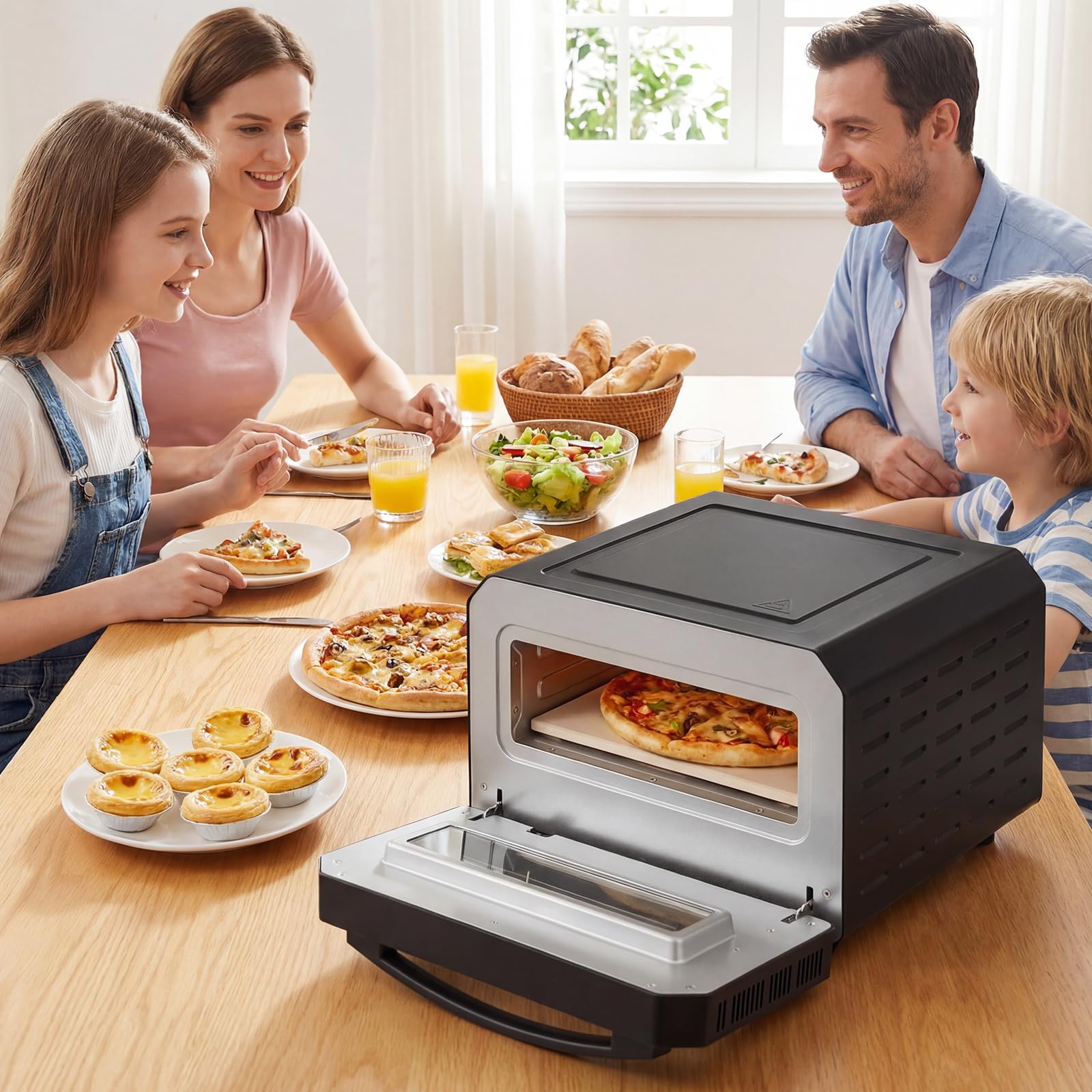 COSTWAY Horno Pizza Electrico, 11,5L, 1700W, 400℃, Pizzera Electrica con 6 Modos Preestablecidos, Piedra y Cortador de Rueda, Pizza Oven Interior Exterior