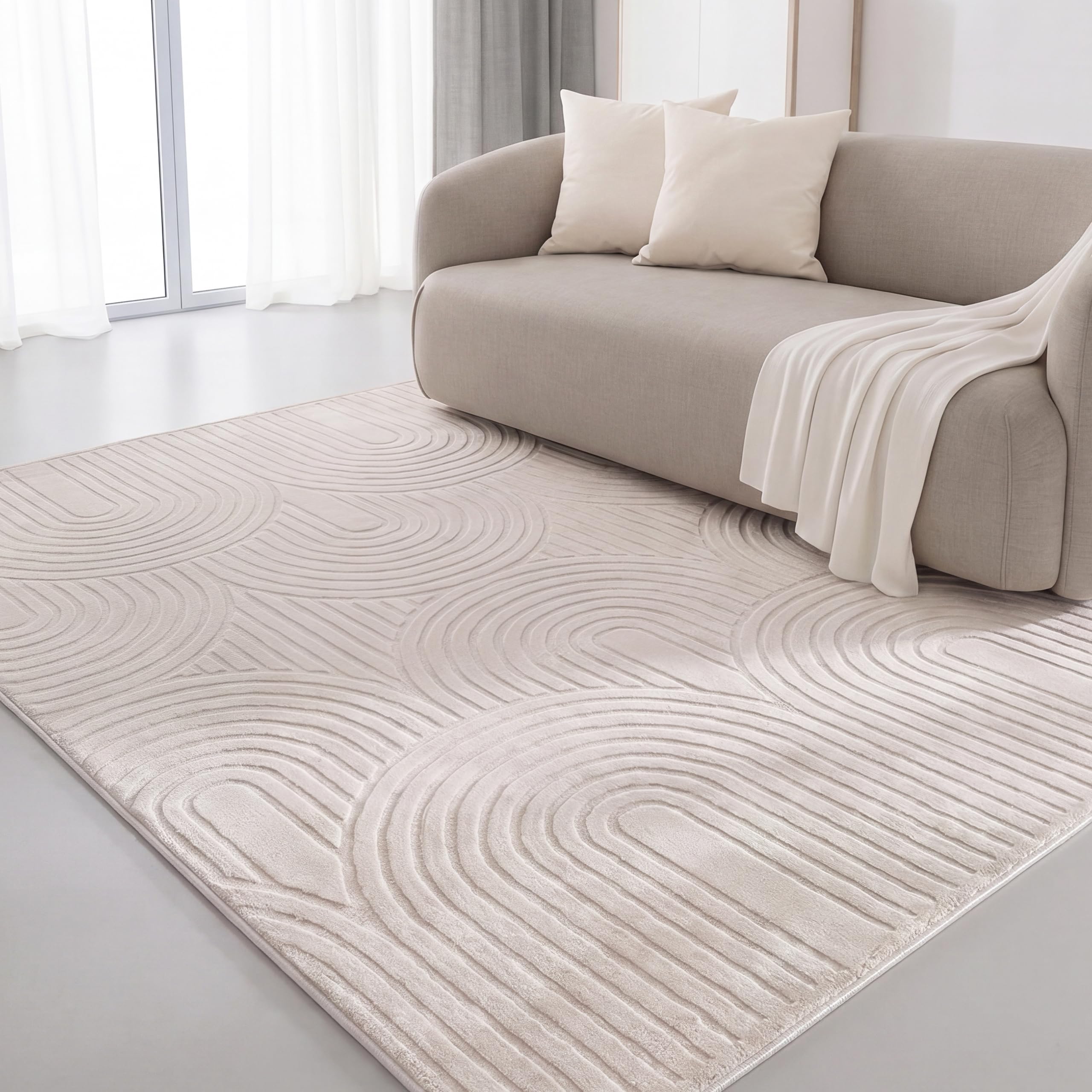 Interiyou Teppich Wohnzimmer Cannes - 240x340 cm Creme - Für Schlafzimmer, Esszimmer, Kinderzimmer - Kurzflorteppich skandinavisches Boho Muster - Hoch-Tief Effekt - Flach mit Geometrischem Muster