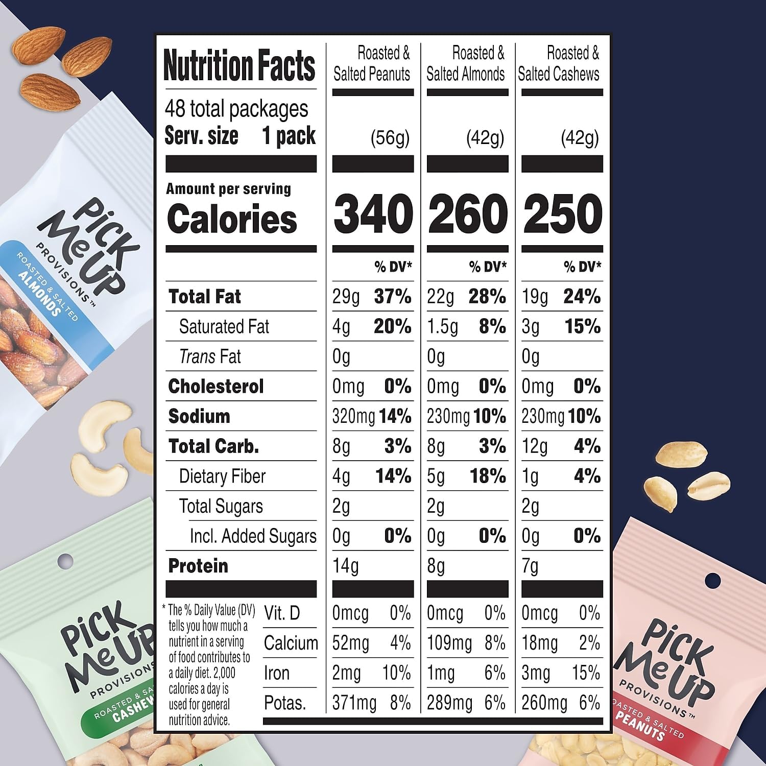 Pick Me Up Provisions Roasted & Salted Nuts Variety Pack, 48 Single-Serve Bags, High-Protein Snack, Perfect for Lunches