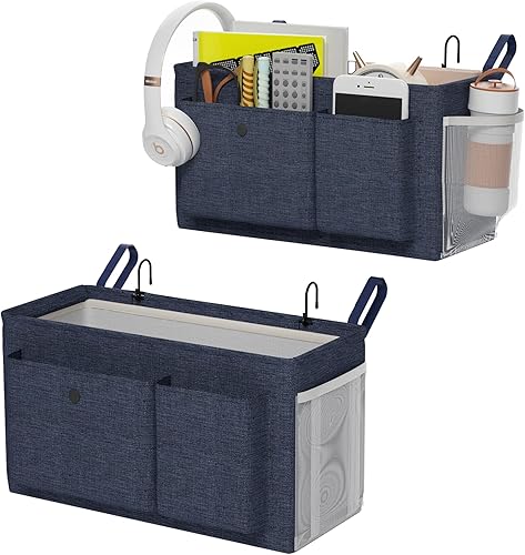 Miniatura 14 de Organizador de mesita de noche con tiras fijas y soporte para botella de agua, organizador de cama para literas, ideal para casa, dormitorio,