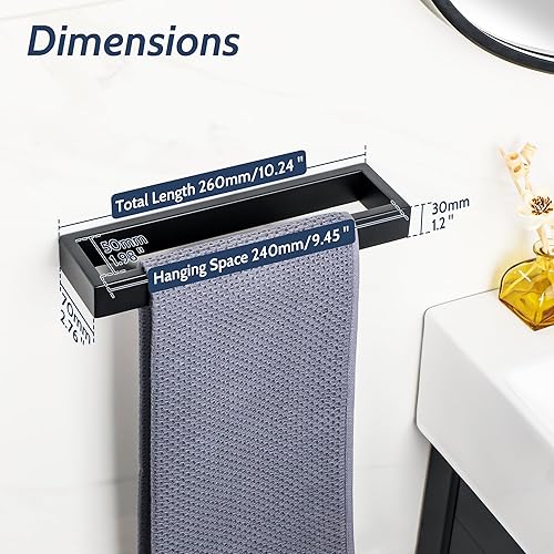 Miniatura 6 de Sayayo Toallero negro mate para baño, toalla de mano de 10 pulgadas, soporte para toallas de montaje en pared, cuadrado SUS304 de acero inoxidable