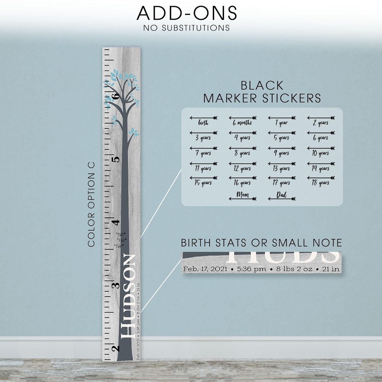 Wooden Kids Growth Height Chart Ruler for Boys and Girls Painted (The Hudson) by Back40Life