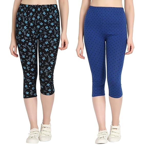 Printed Capri for Womens/Girl Pack of 2 Black,Royal
