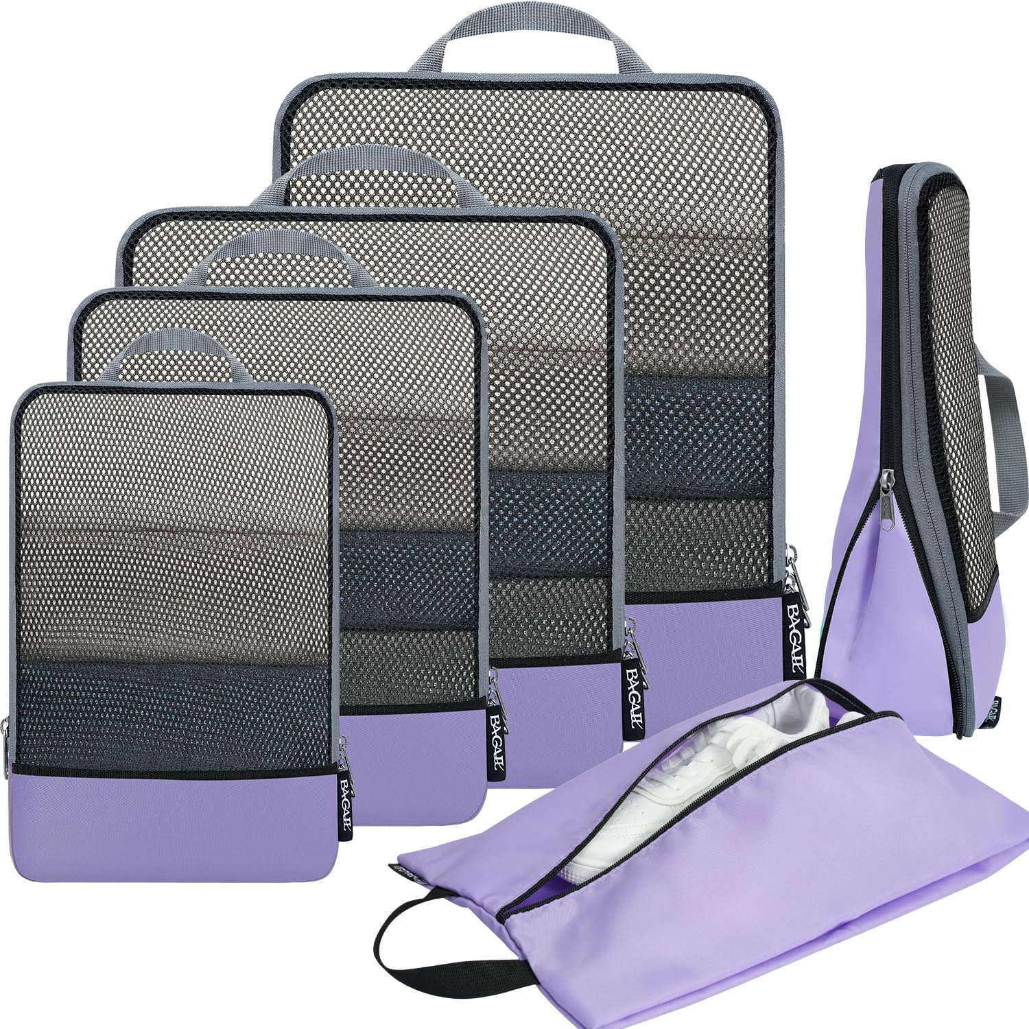BAGAIL 4 Set/6 Set/8 Set Compression Packing Cubes Travel Accessories Expandable Packing Organizers (Half Mesh, 6-Lavender)