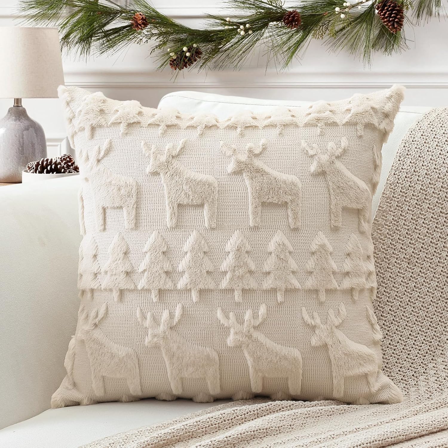 OTOSTAR Set of 1 Xmas Soft Plush Short Wool Velvet Decorative Throw Pillow Covers Square Luxury Style Cushion Case Pillow Shell for Sofa Bedroom Christmas Tree and Elk Cream Beige, 14x14 Inch - Image 7