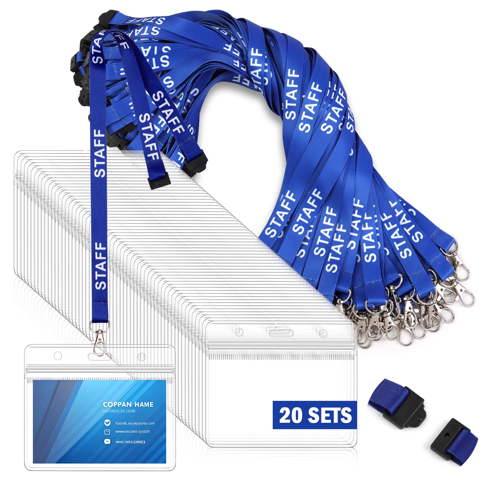50 Pack Blue Staff Lanyards with 50 ID Card Holders Breakaway Safety Neck Lanyard with Waterproof Clear Badge Holder Bulk ID Holders for Events Office Workplaces