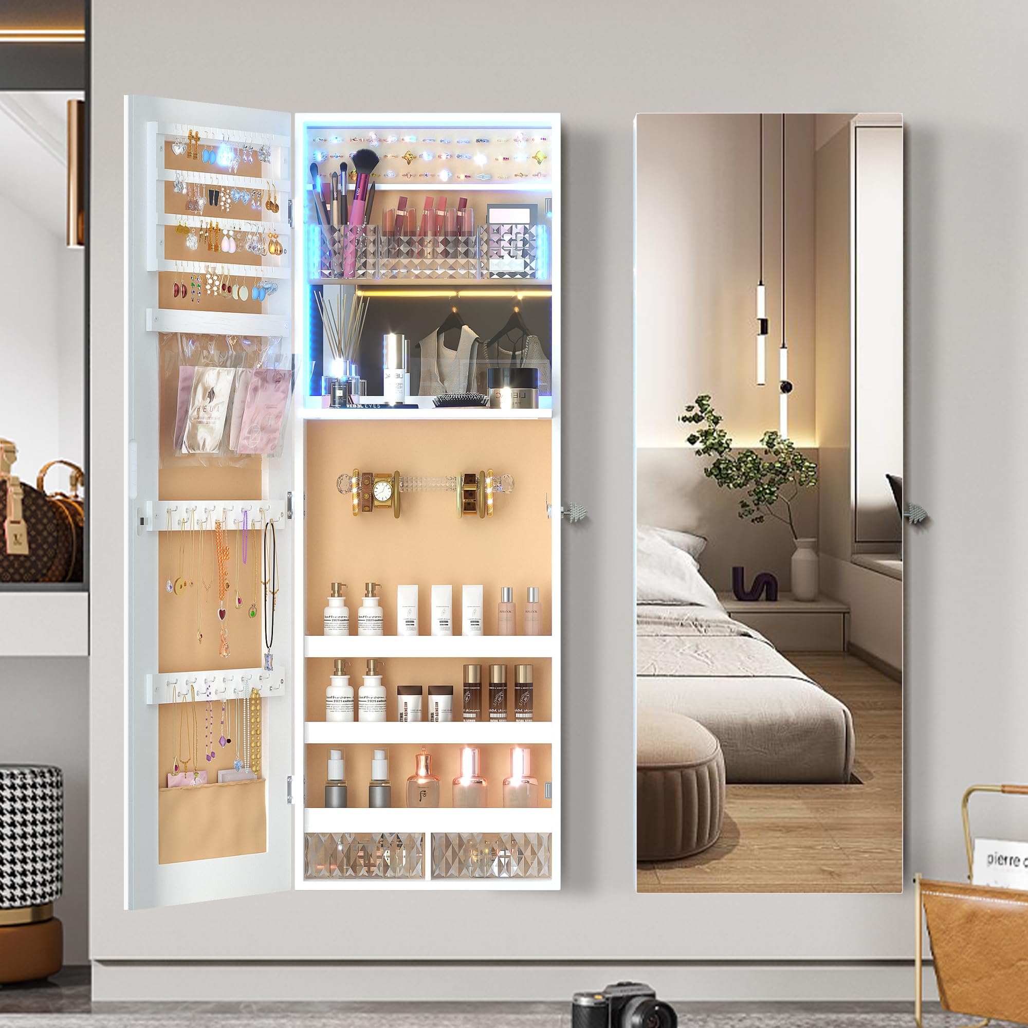 LVSOMT LED Jewelry Mirror 42.5", Wall/Door Jewelry Armoire