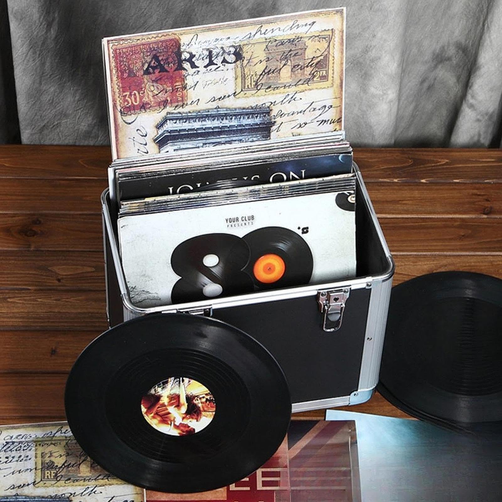 kowaku Scatola Porta Dischi Vinile Organizer Archiviazione Custodia Contenitore Alluminio Leggero con Manico Bloccabile per Collezionisti Appassionati DJ Ada, Nero S