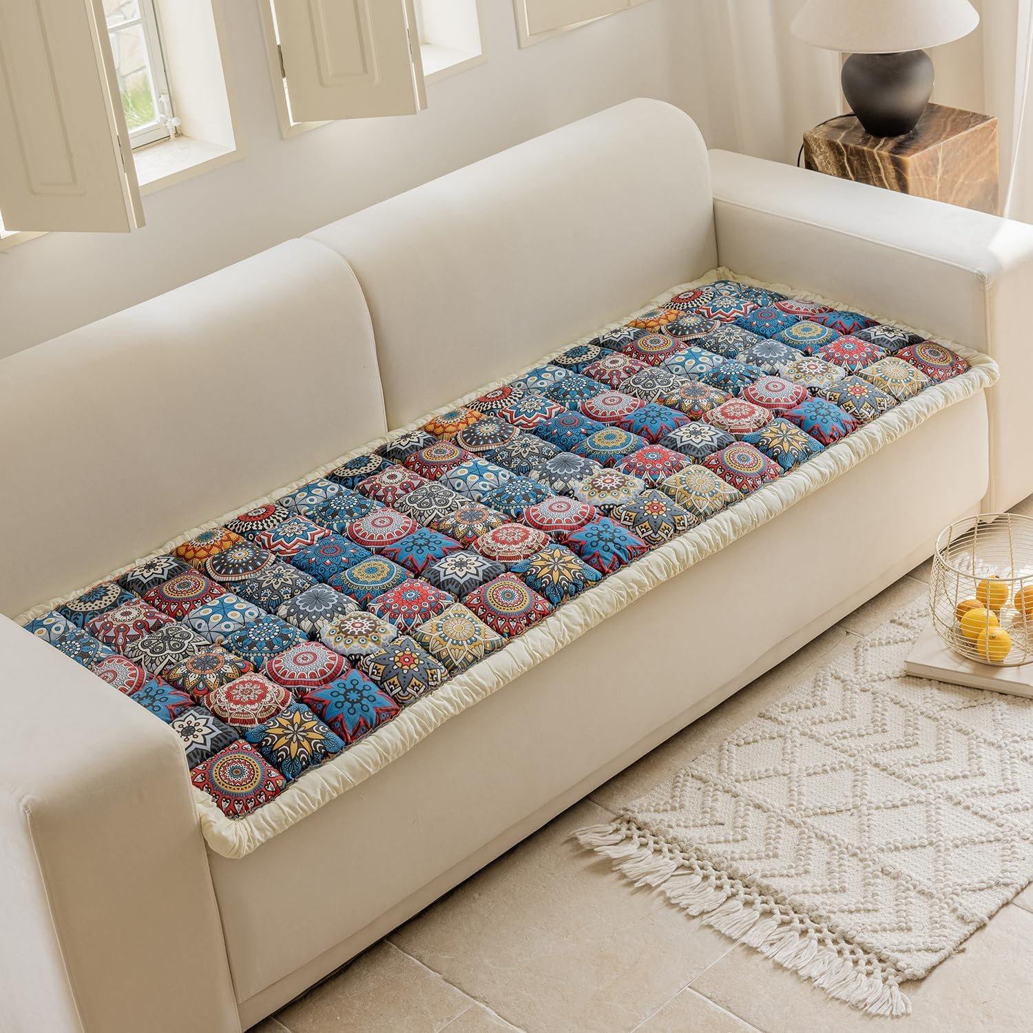 AEEISHOMEREFORM Thick Quilted Sofa Cover, Anti-Slip Settee Covers, Washable Cotton Furniture Protector for Pets, Patterned Padded Couch Covers for Living Room (Blue, 70x180 cm)