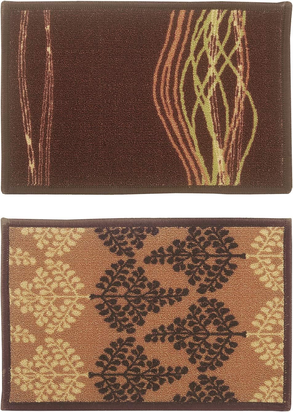 Bianca Highly Durable Anti Slip Door Mat -2pc Small Set (splender) - Door Mat wavi Stripes/Deco Leaves-Multi