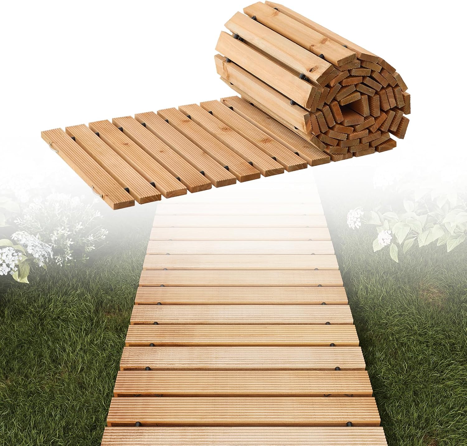 12FT Straight Wooden Garden Pathway Walkway Outdoor Roll Out Decorative Garden Non-Slip Patio Path Decorative Boardwalk Outdoor Road Floor for Backyard Beach Wedding Party