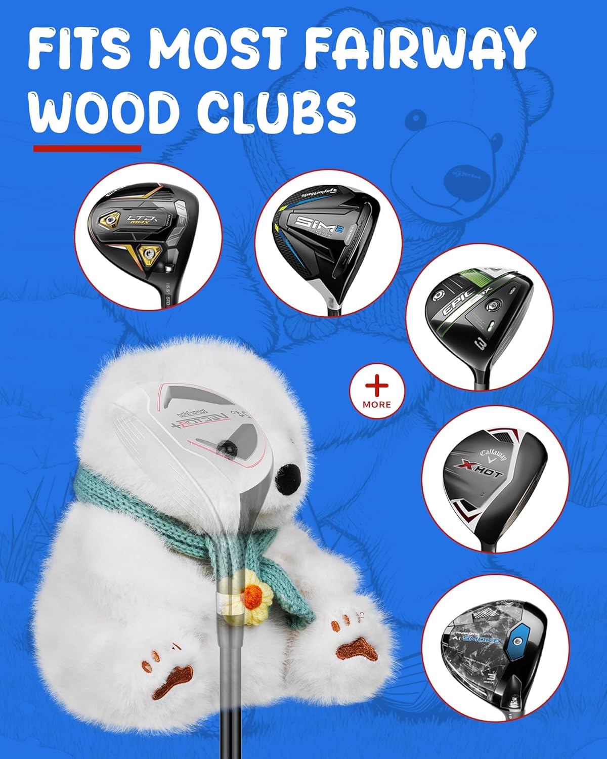 Big Teeth Funny Golf Wood Head Covers, Panda Fairway Wood Headcover, Plush Animal Golf Head Covers Cute, Polar Bear Golf Head Cover for Fairwood and Hybrid Clubs