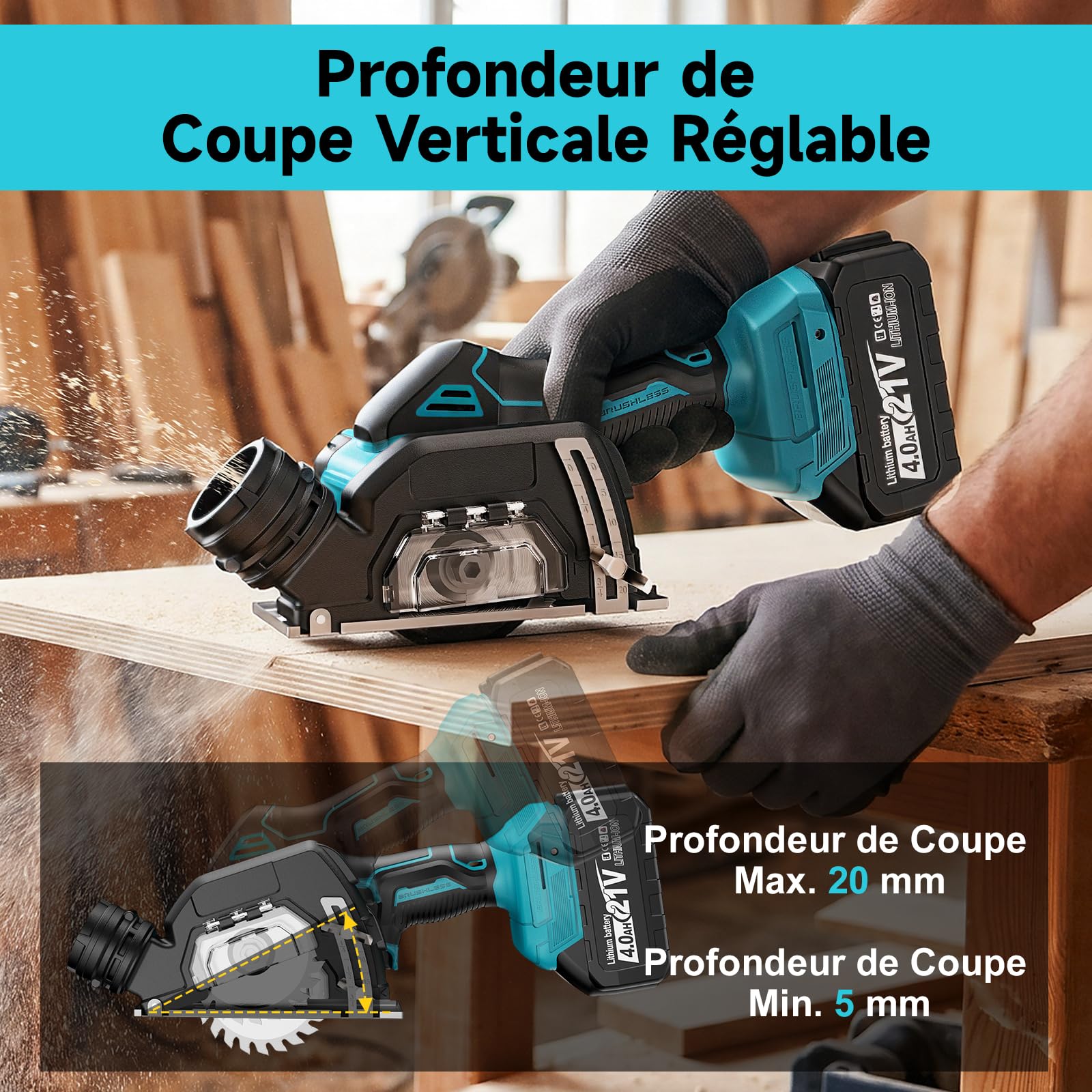YEARTOP Ø 76mm Mini Scie Circulaire Sans Fil avec 2x 4000mAh Batteries