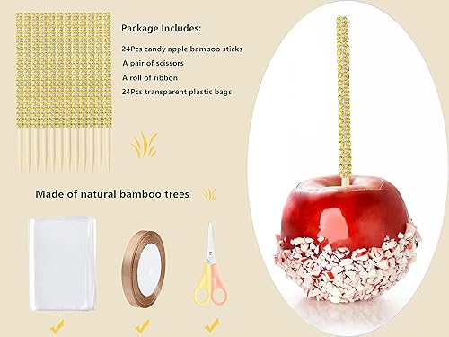 Miniatura 10 de Kits de palitos de manzana con 24 palitos de manzana de 6 pulgadas con diamantes de imitación de caramelo de manzana, palitos de bambú para