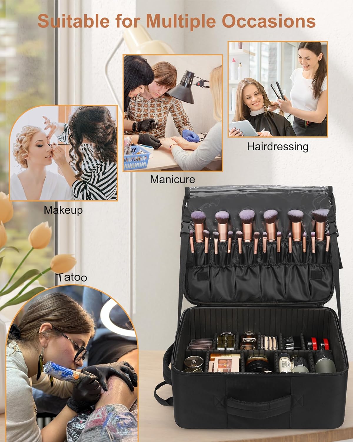 Relavel Makeup Backpack Extra Large Travel Train Case Professional Makeup Artist Kit Set Bag with 4 Clear Bags, Brush Storage Organizer Box with Dividers for Cosmetic Hair Tools Barber Supplies, Black - Image 4