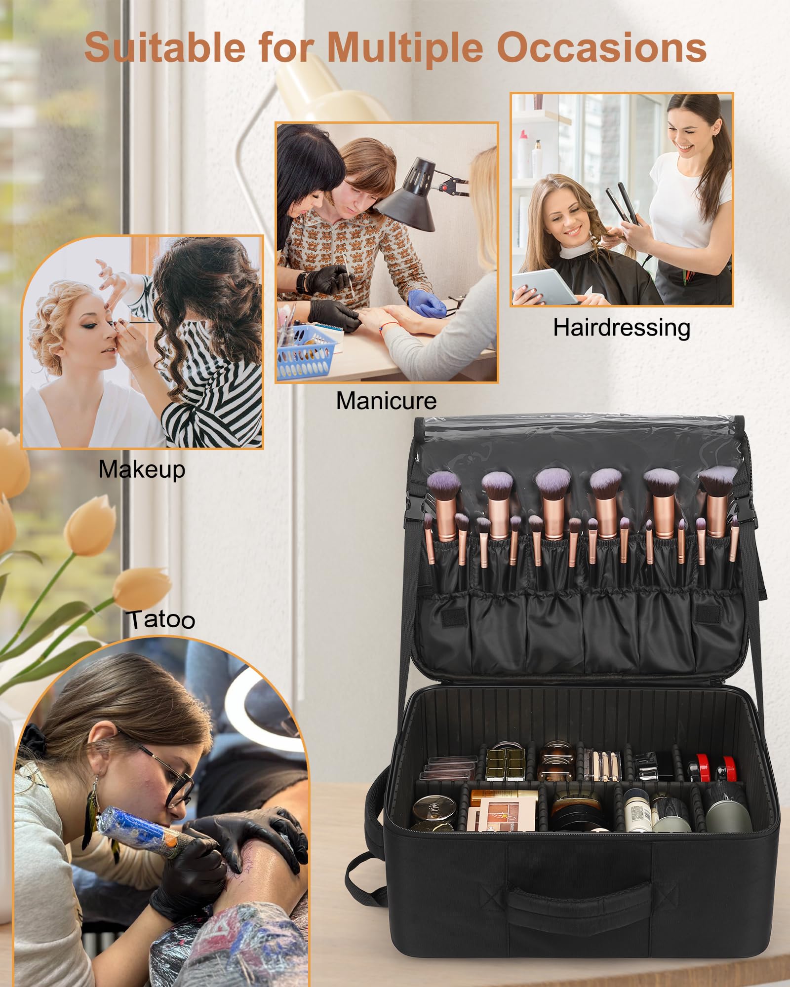 Relavel Sac à dos de maquillage XL professionnel de voyage pour artistes de maquillage – Avec 4 poches transparentes, boîte de rangement pour pinceaux avec séparateurs pour cosmétiques, outils de