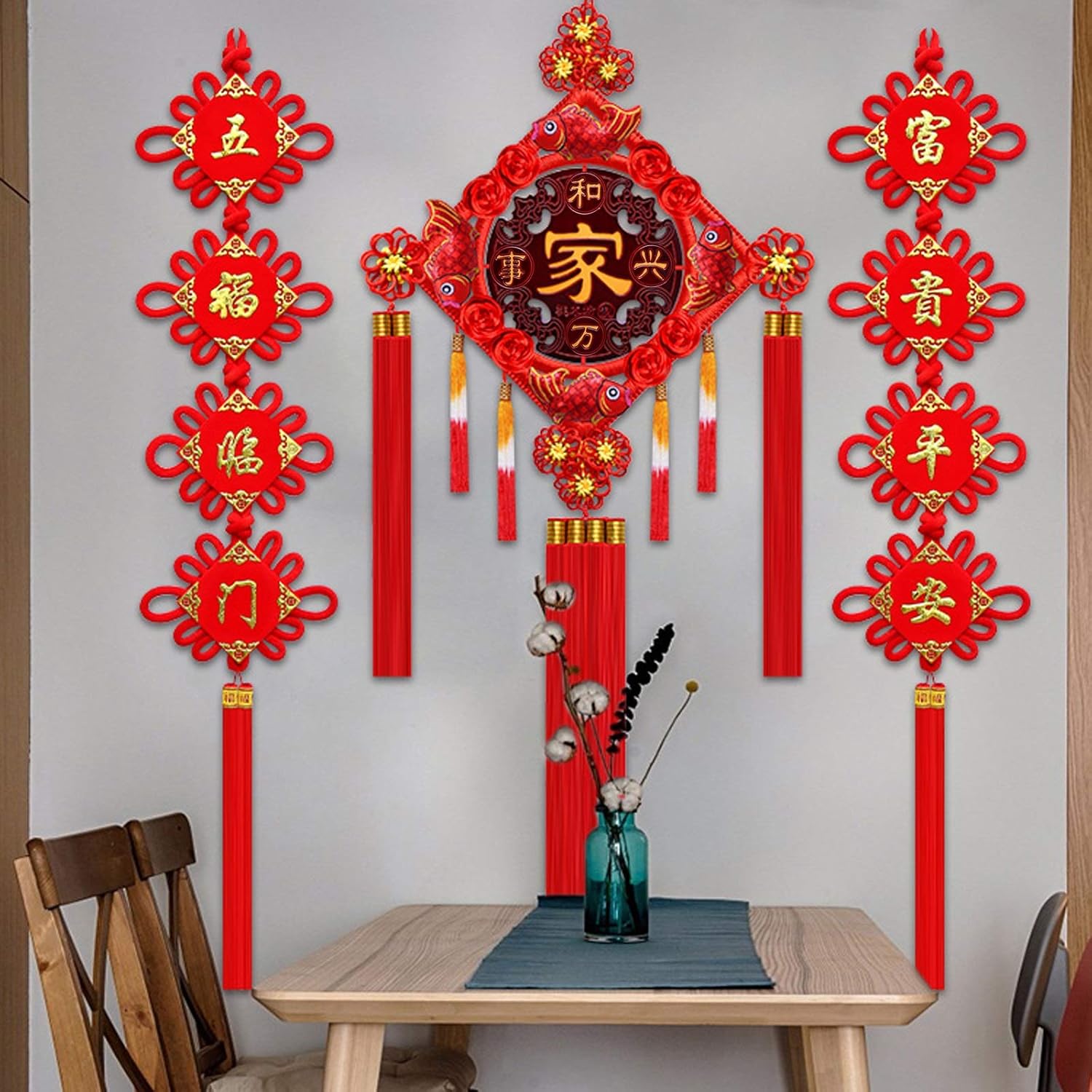 Chinese New Year Hanging Pendants Chinese Knot Pendant Background Wall Fu Chinese Couplet Set Living Room Chinese Knot Decoration Housewarming Gift Chinese Spring Festival Hanging