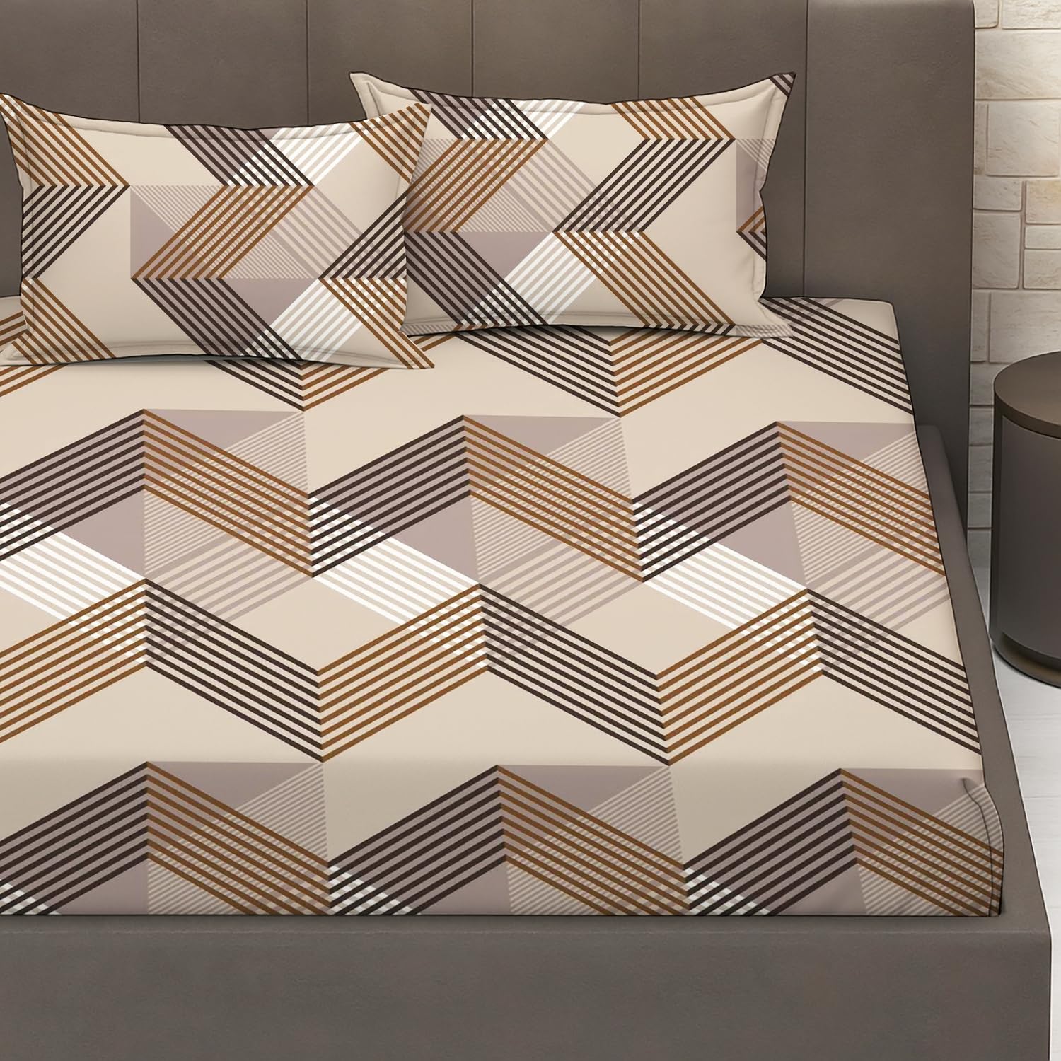 IVAZA Ezyption Cotton Super Soft 240 TC Elastic Fitted All Around Elastic Printed King Size Double Bed Bedsheet with 2 Pillow Cover 72" X 78" Brown Zig Zag