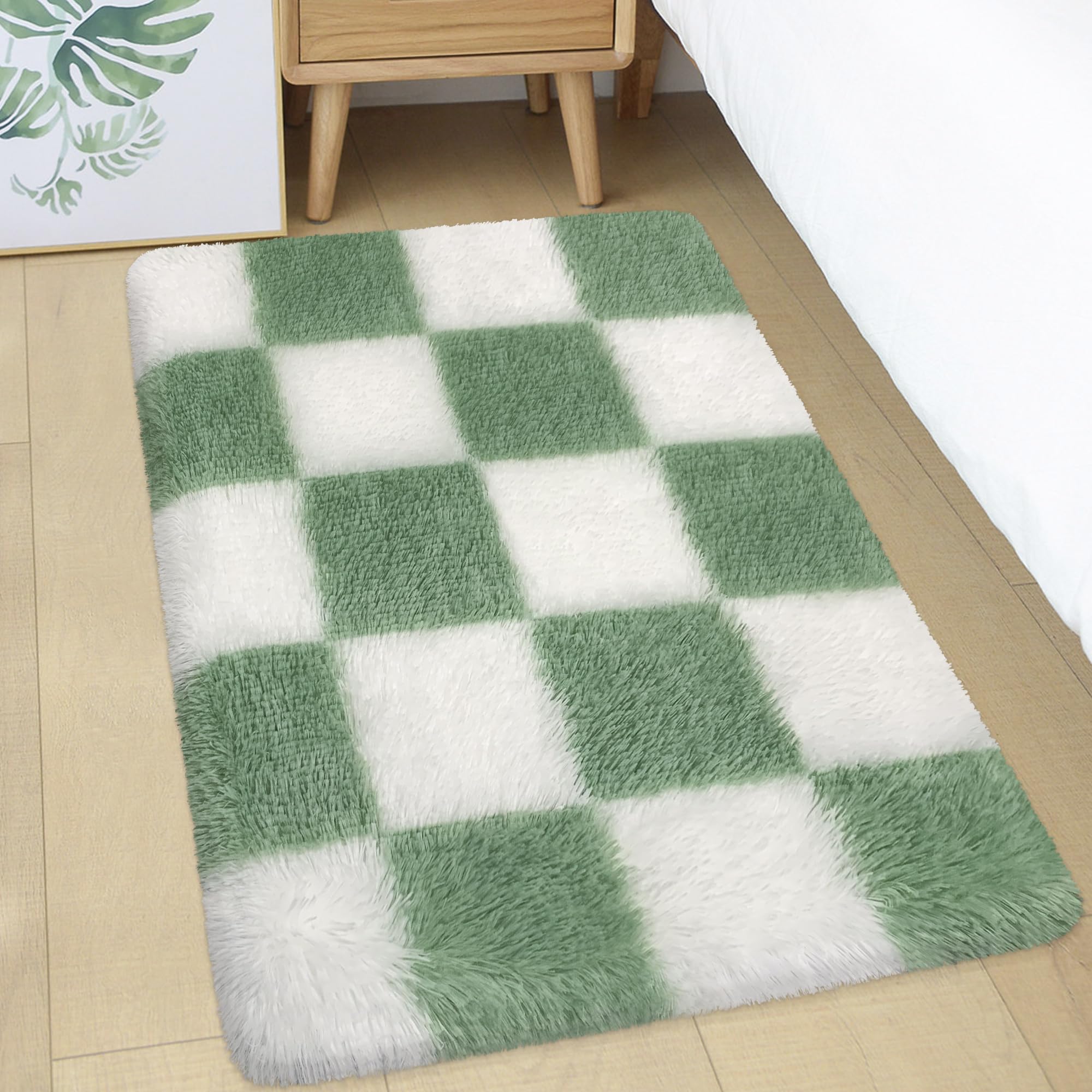 MondayRug Soft Small Rugs for Bedroom 2x3 Sage Green and White Checkered Rug Small Throw Rug Plush Shaggy