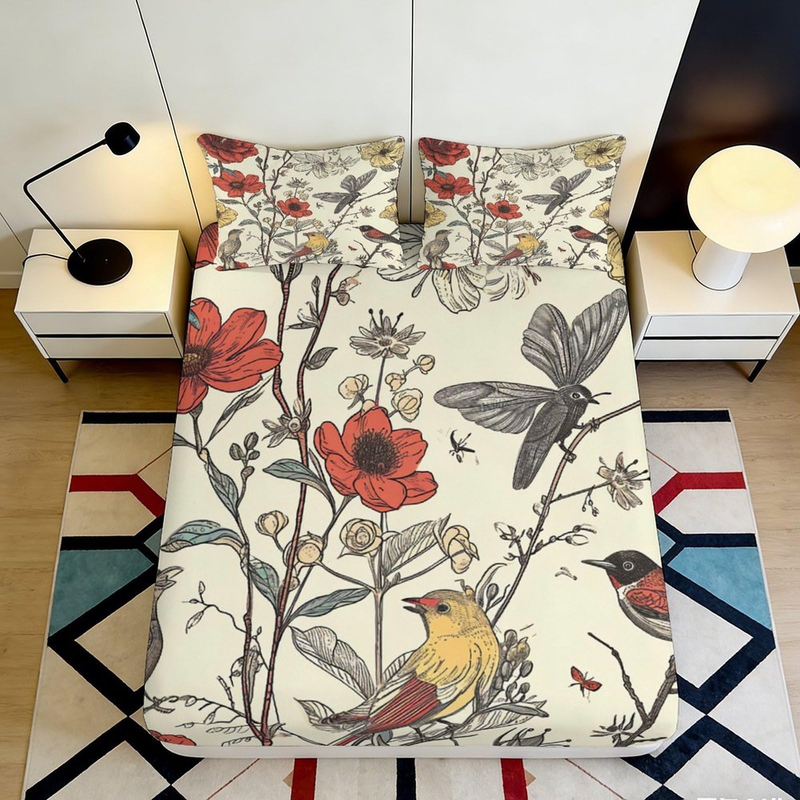 3D Printed Botanical Bird Fitted Sheet Microfiber Soft Floral Butterfly Mattress Cover Bedroom Decor 90x200x25cm