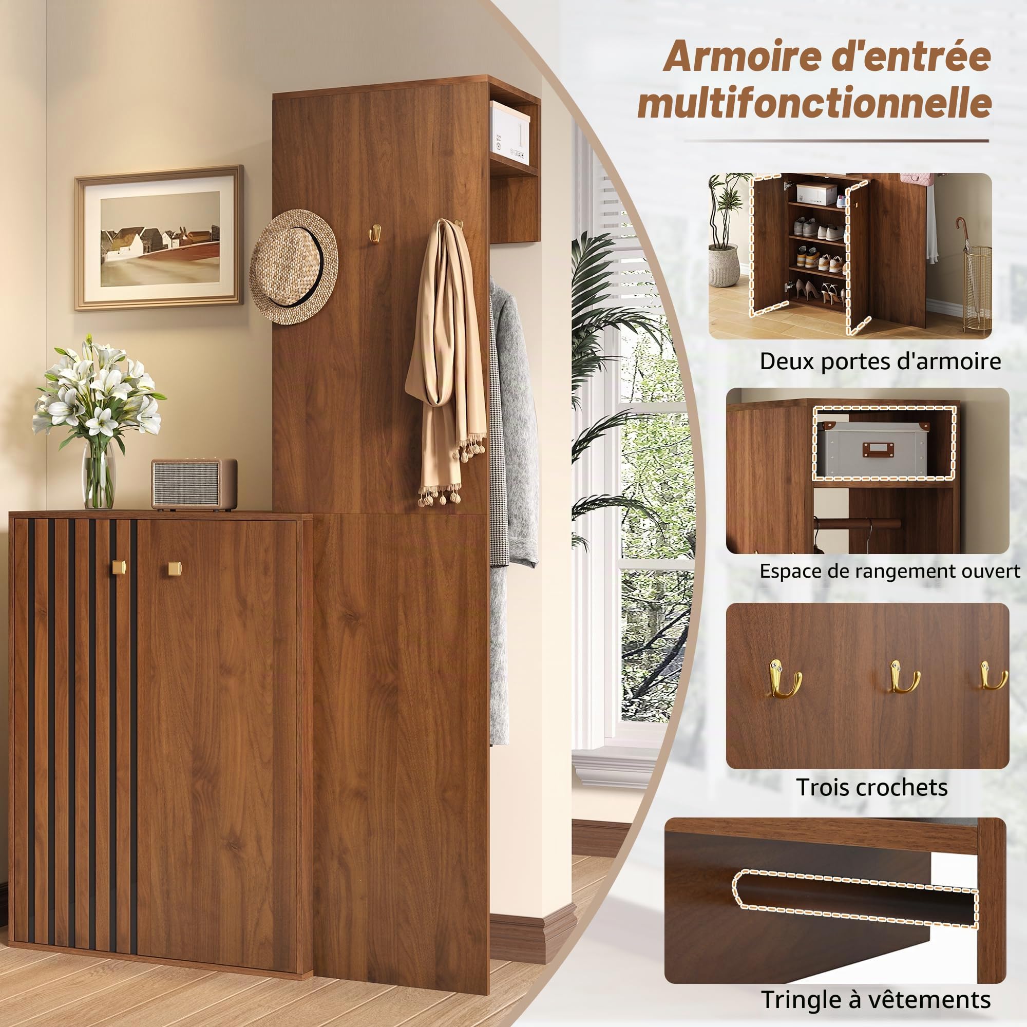 Vestiaire d’Entrée avec Penderie et Rangement Chaussures – Garde-Robe Compacte 115 cm – Meuble Entrée avec Porte-Manteau, Étagères Réglables, Crochets – Noyer