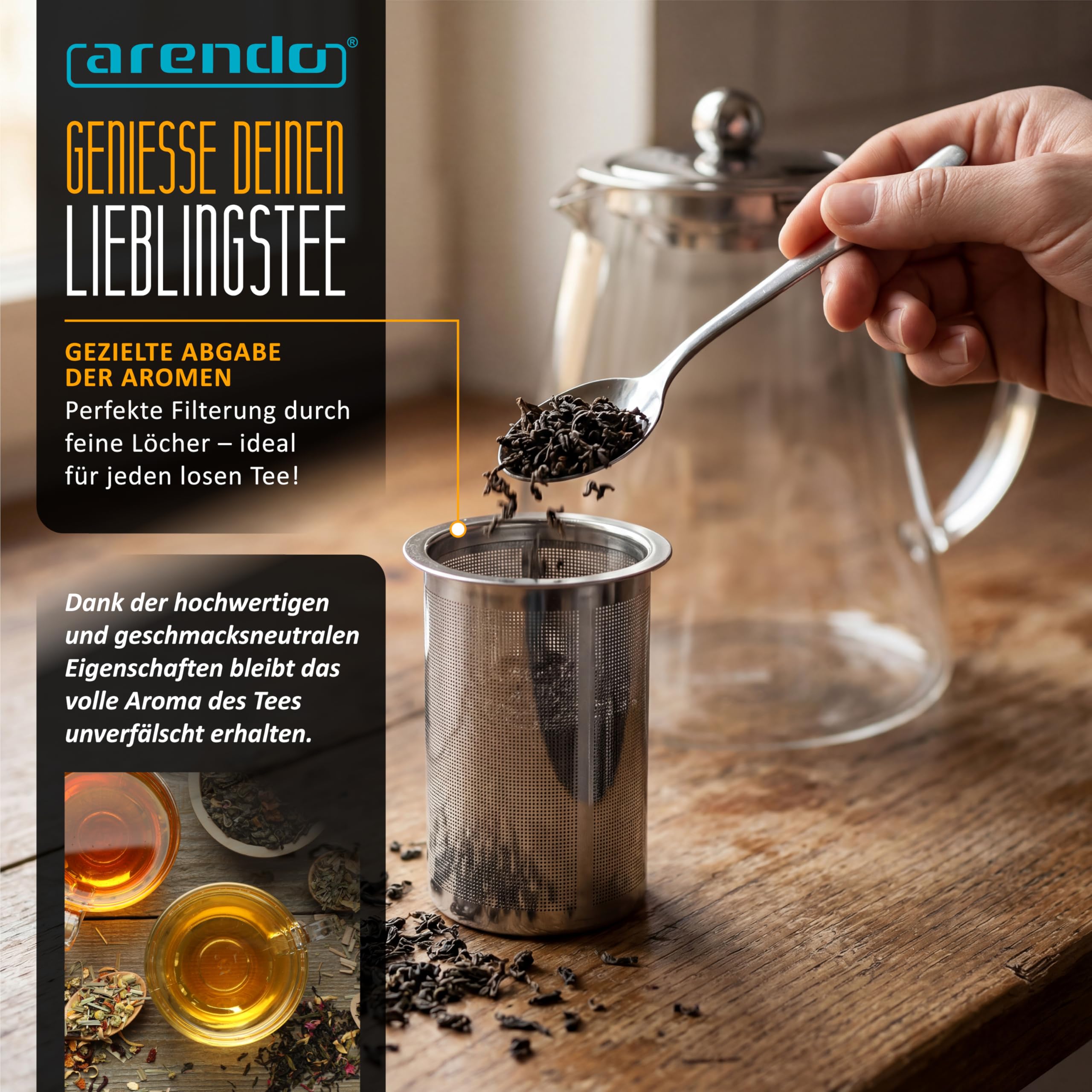 Arendo - Teekanne Glas mit Sieb - 1200 ml – aus Borosilikatglas – mit Edelstahlsieb – feinmaschig – hitzebeständig – Glasteekanne – für losen Tee Kräutertee Früchtetee – Teekocher – langlebig – feinma