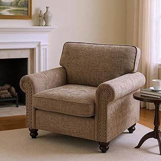 Nailhead Armchair, Rolled Arms Accent Chair for Living Room, Single Sofa Chair with Springs Seat Cushion & Wooden Legs, Mid-Century Armchair for Apartment, Office, Farmhouse, Light Brown