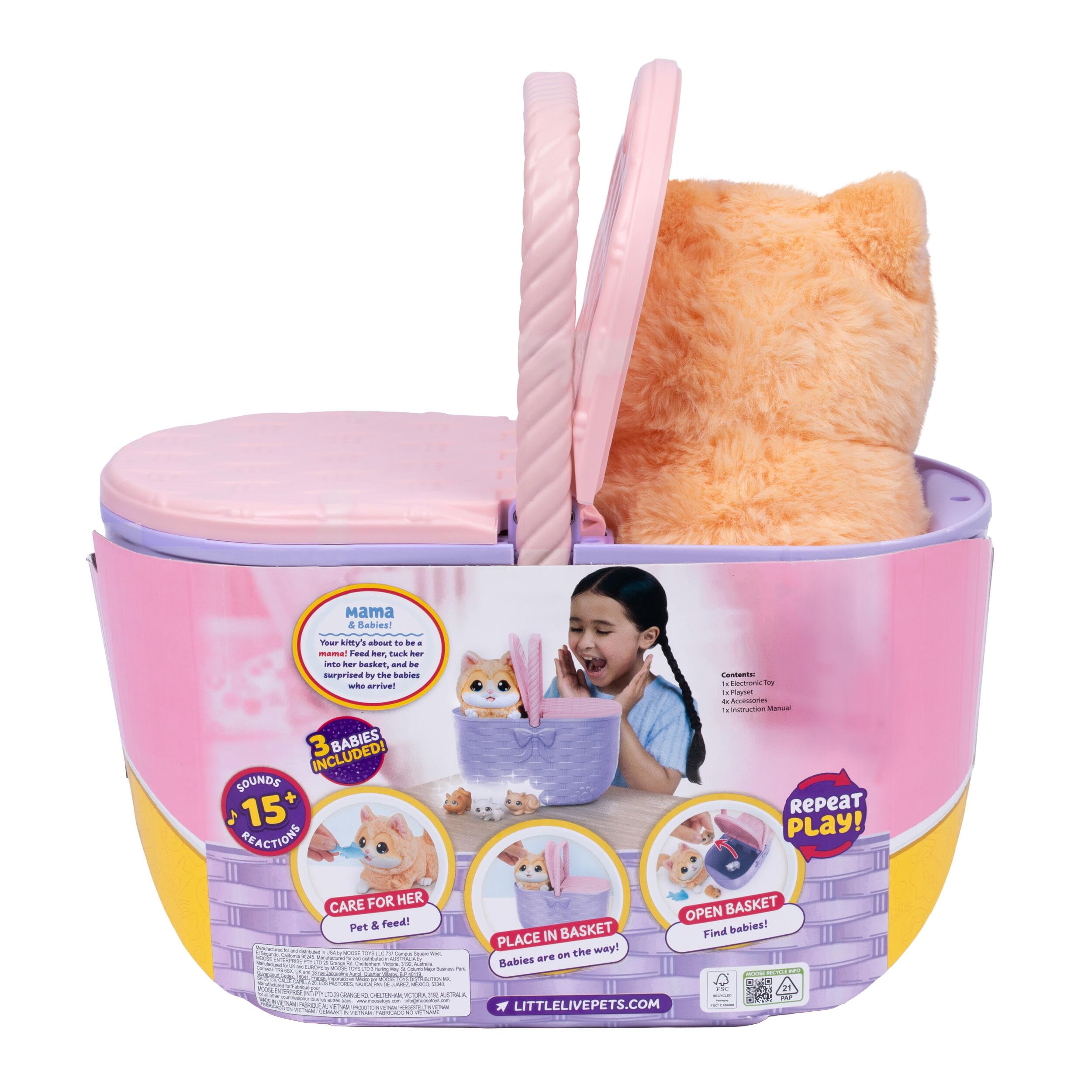 Little Live Pets Mama Surprise Kittens - Mamá interactiva con +15 Sonidos y reacciones - Mamá Tiene 3 bebés Sorpresa - Reacciona al Tacto - Come Pescado - Cesta de Transporte - A Partir de 4 años | Cesta portátil, accesorio de peces, 3 gatitos bebés y más