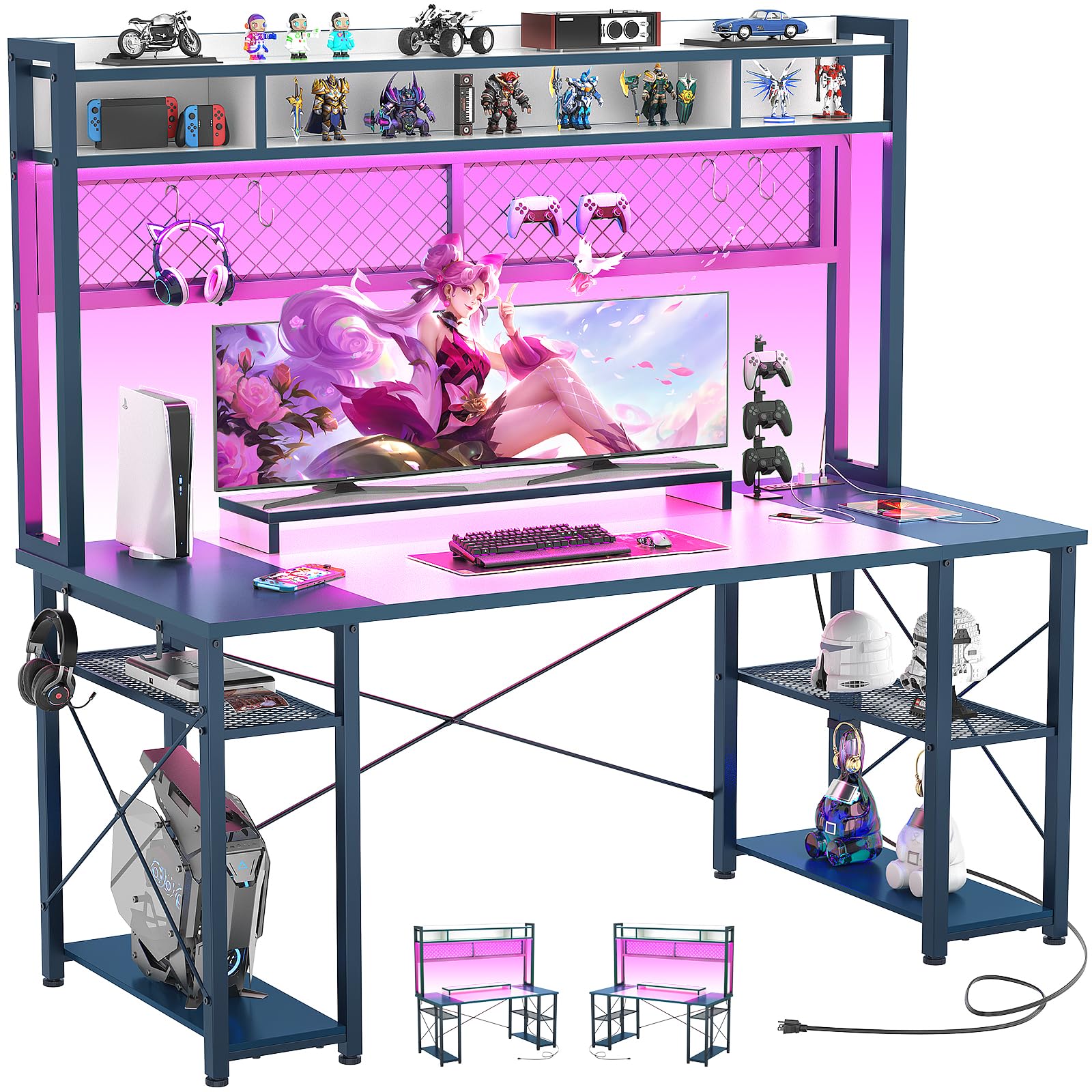 Upgrade Gaming Desk with Hutch, 55.2'' Magic Computer Desk with LED Lights and Outlets, Reversible Workstation Desk with Pegboard and Monitor Stand, Gamer Desk PC Table, White and Blue