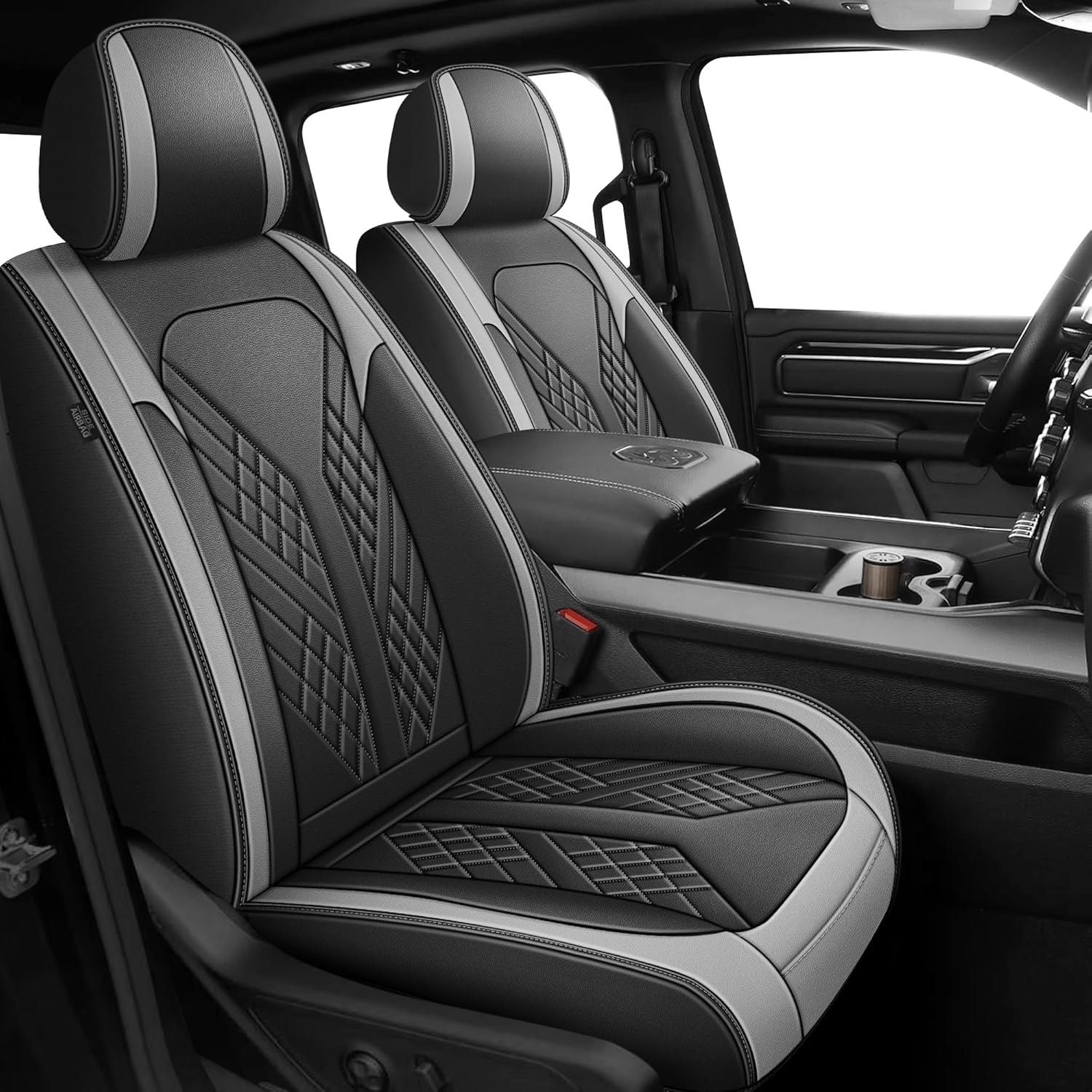 TTX for Dodge RAM 1500 2500 3500 2012-2025 2026 Seat Covers - Waterproof Faux Leather Seat Cushion Cover and Flat Bench(Full Set/Black&Light Grey)