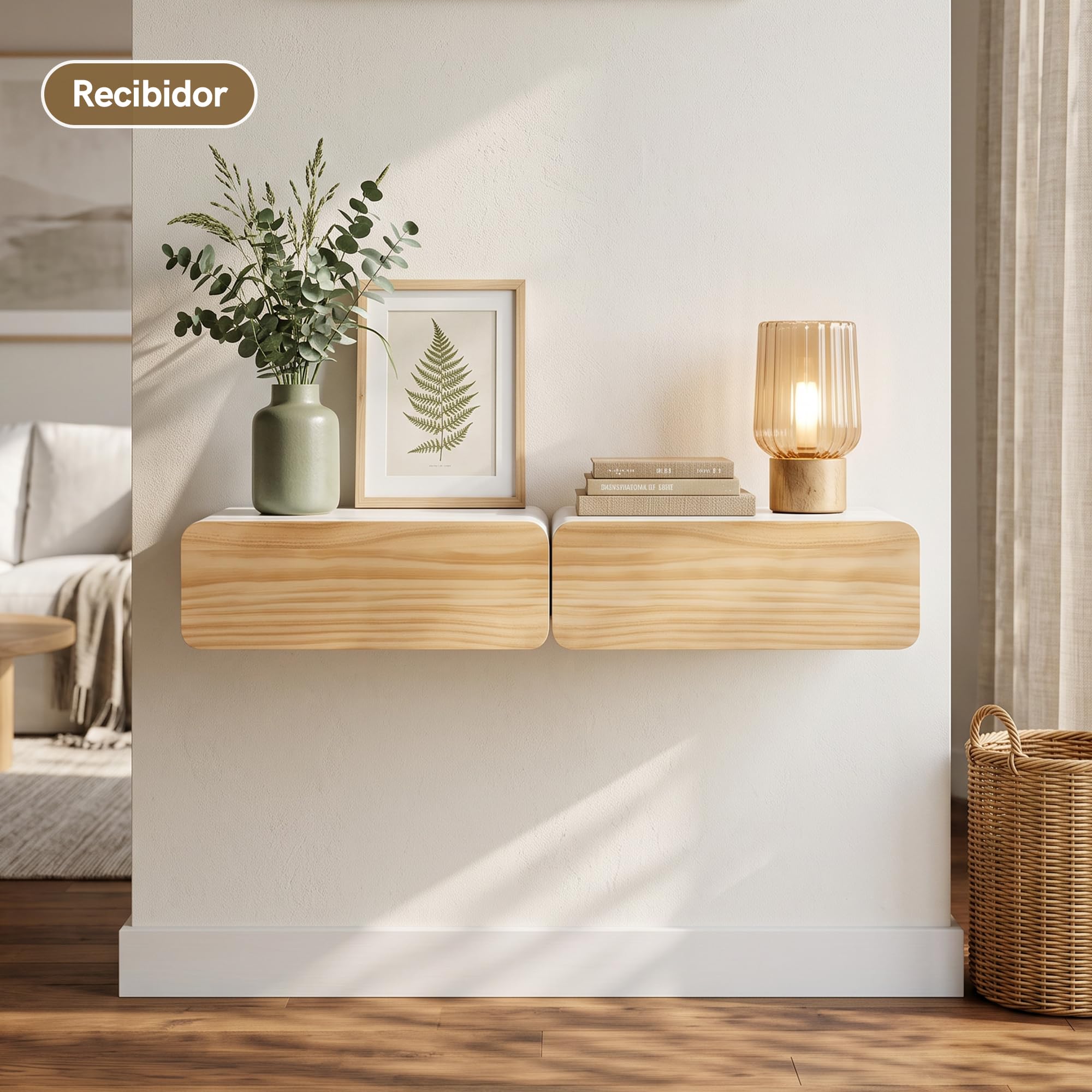 SUMGAR Mesita de Noche Flotante Blanca con Cajón Mesa de Noche Dormitorio | Premontada, Mesilla de Pared de Madera, tirador oculto, esquinas redondeadas, 28,5 x 40 x 13cm, hasta 8kg, espacios pequeños
