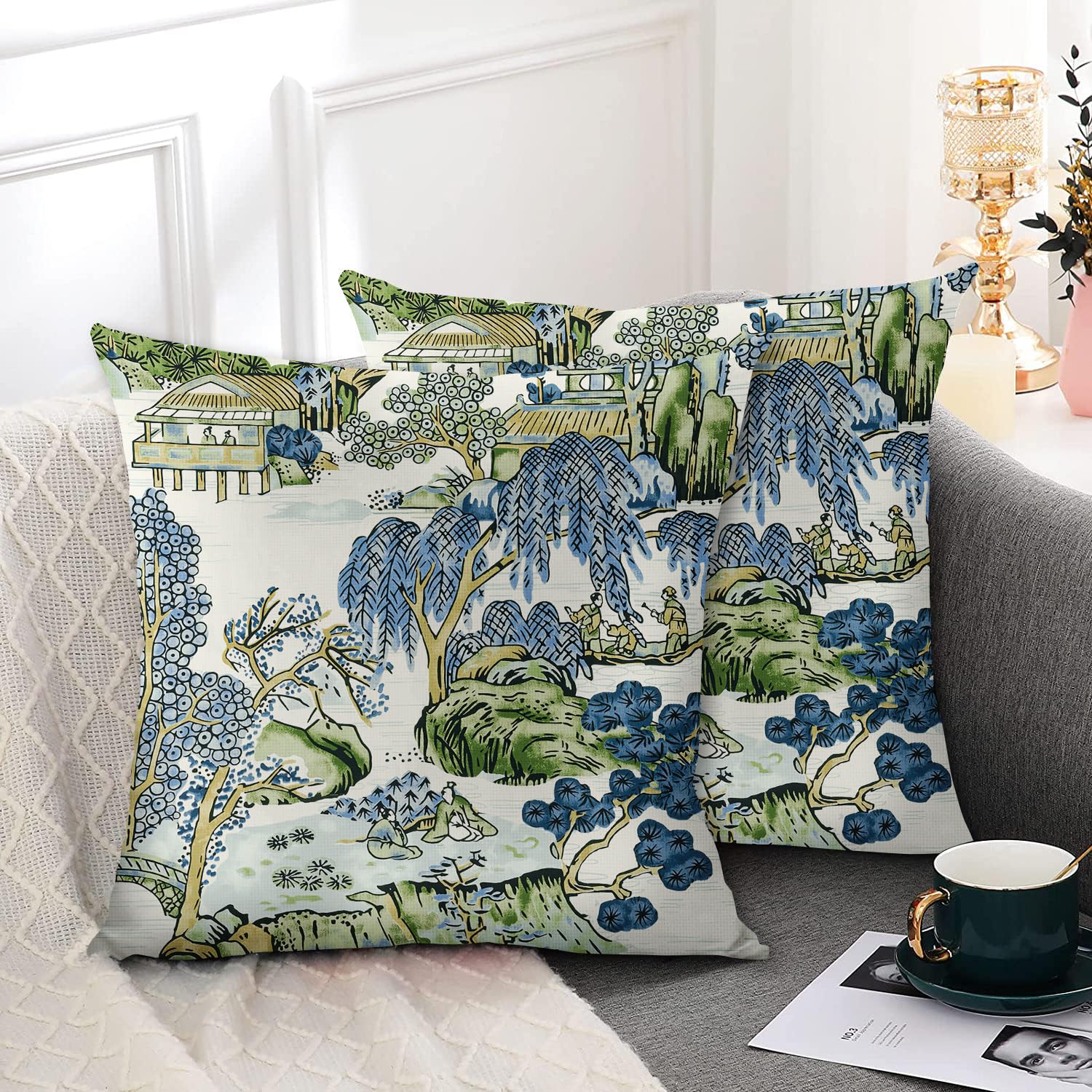 Wsunsal Chinoiserie Pillow Covers Set Of 2 – 12x20 Inch Asian Scenic Linen Lumbar Pillows For Sofa & Bed - View #2