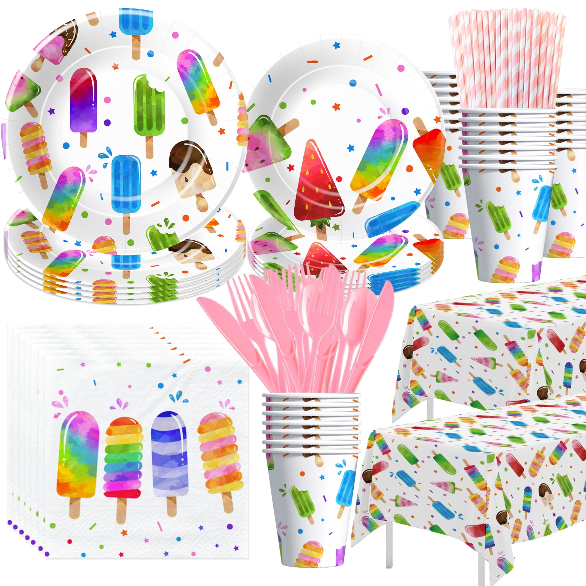 Xenorik Popsicle Party Decorations Tableware, Summer Ice Cream Popsicle Birthday Baby Shower Party Supplies, Paper Plate, Cup, Napkin, Tablecloth,