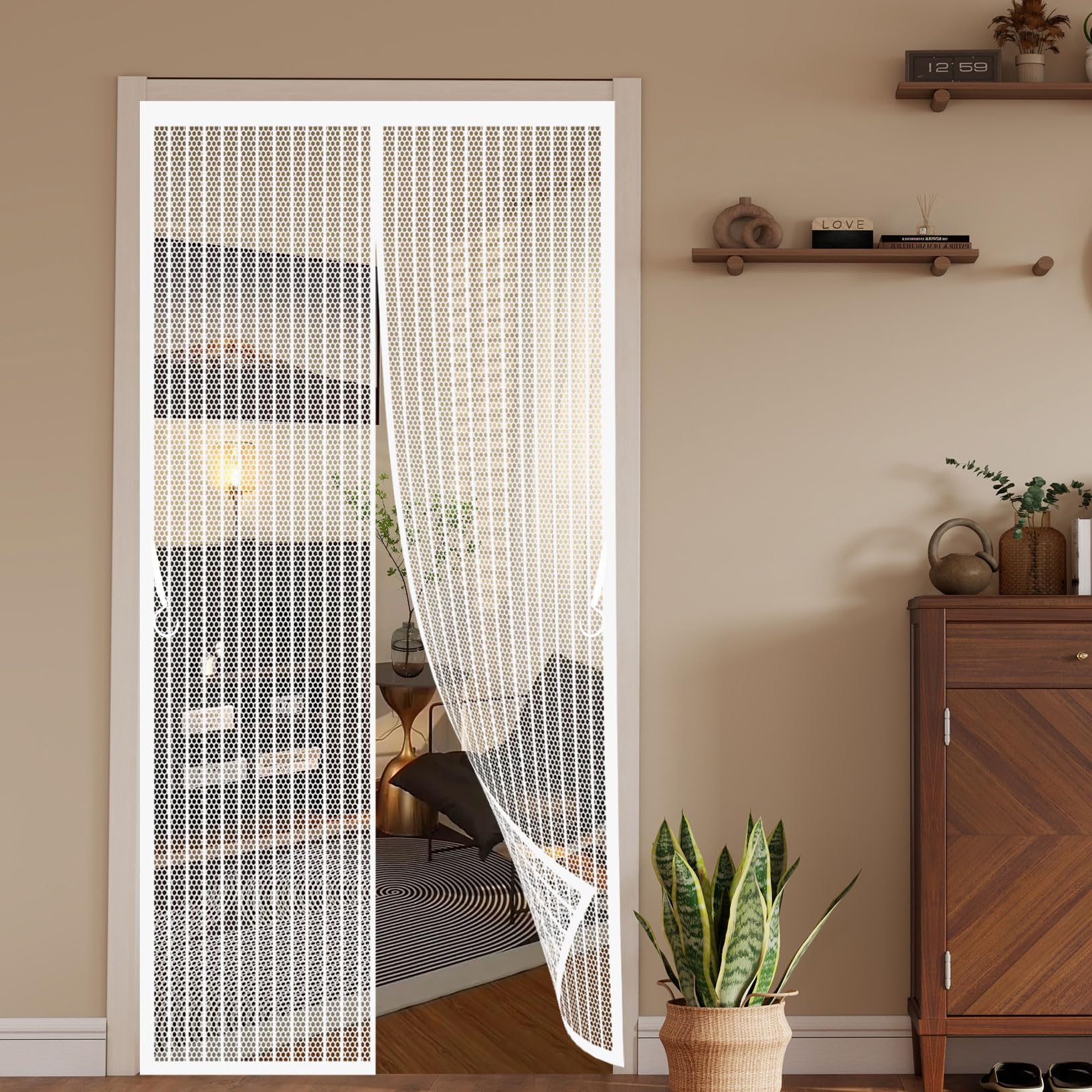 Magnetic Fly Screen Door 145 x 136 cm Durable Polyester Mesh, Keeps Bugs Out Fly Screen for Doors Self Sealing No Gap, Pet-Friendly for Home, Office and Store, White
