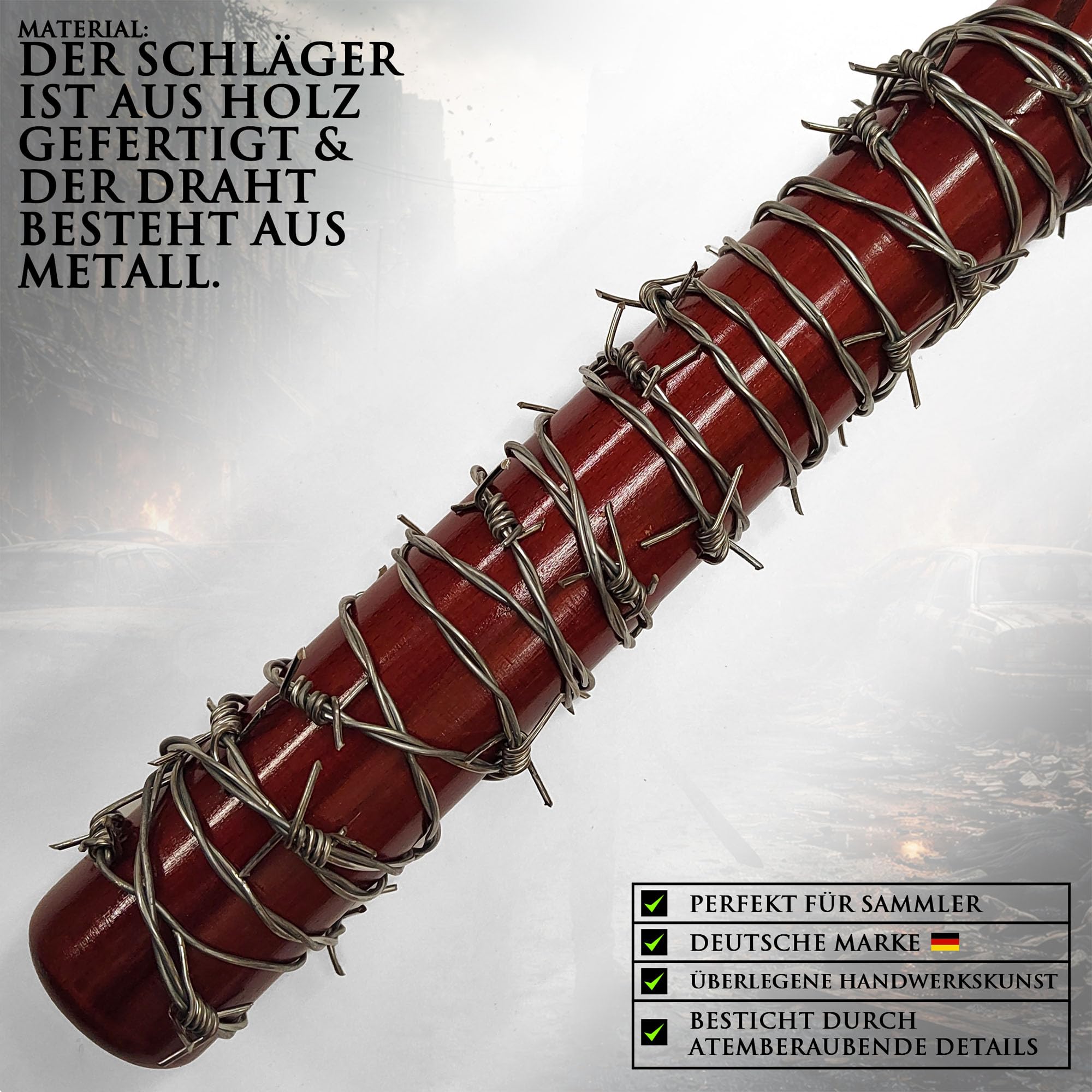 Swords and more The Walking Dead - Negan's Baseballschläger Lucille, 81 cm, Baseballschläger Lucille aus Holz mit Stacheldraht aus Metall & Wandhalterung für TWD-Fans, Sammler & als Geschenk