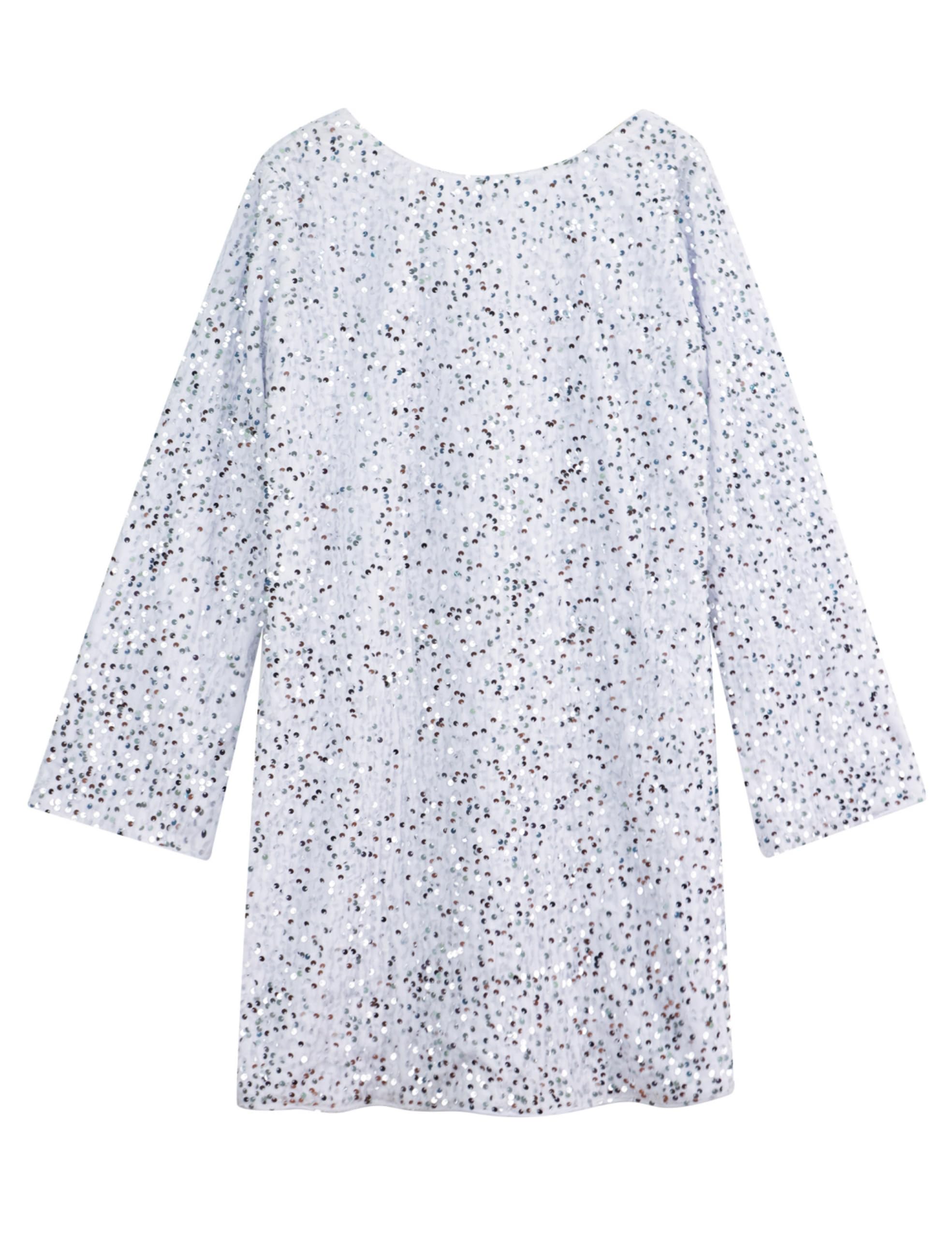 HOCANDY Vestido corto de manga larga con lentejuelas brillantes para mujer, sin espalda, con lazo, ajuste holgado, para fiesta, cóctel, purpurina