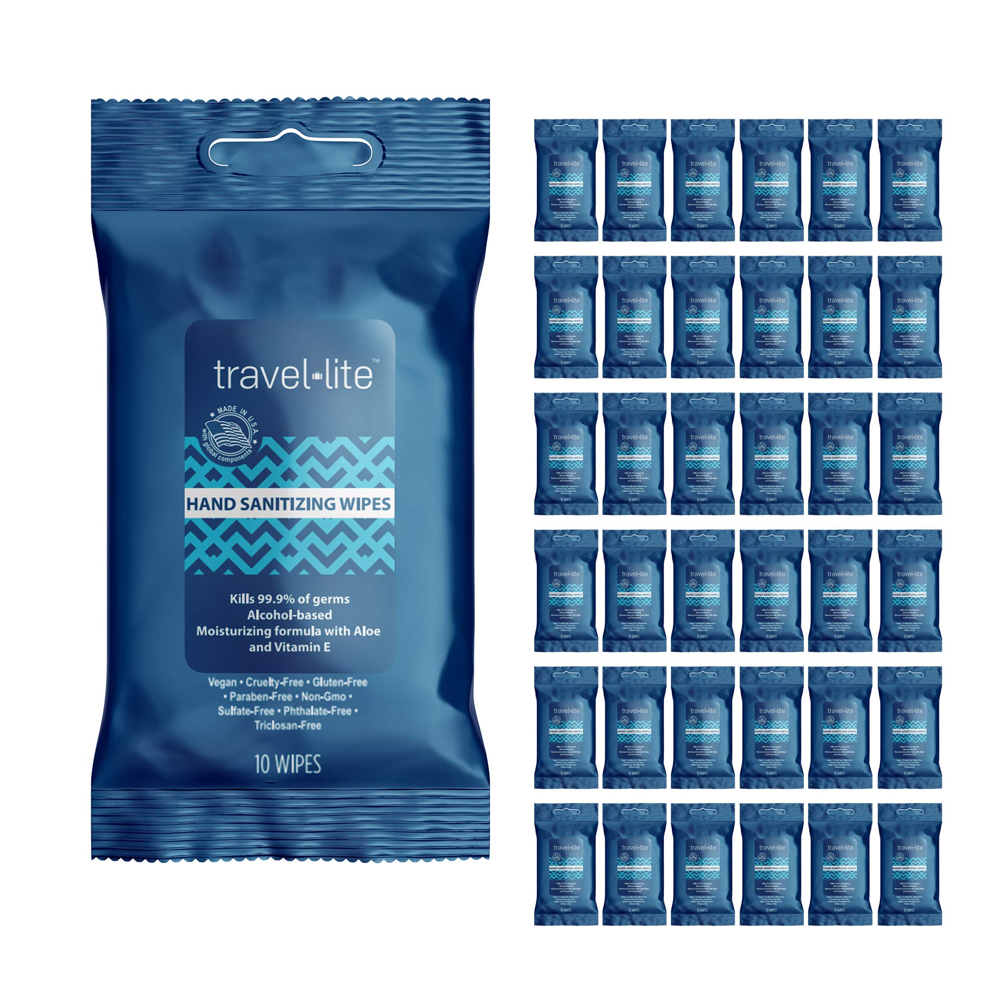 Travel Lite Hand Sanitizing Wipes 10 count soft packet,36 pack case (total 360 wipes) 65% ethyl alco