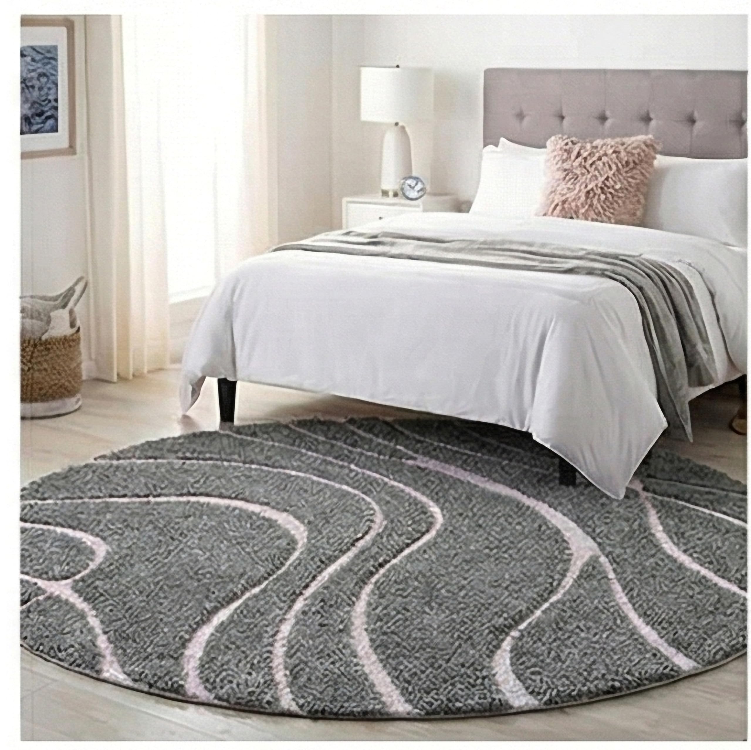 RUGEDGE Gray Geometric Round Shaggy Rug - Fluffy Carpet for Living Room,Bathroom Door mats Anti Slip Circle Area Carpet, Hallway, Kitchen, Circle Area Carpet (4 Ft Round) 4