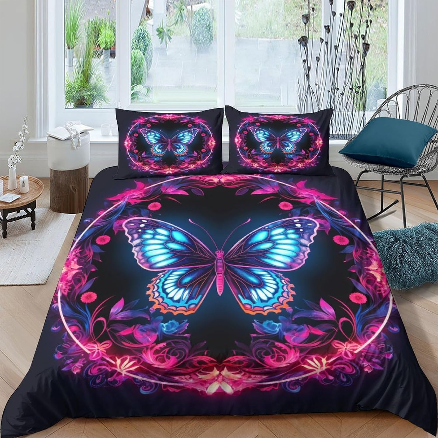 Housse de couette 220x240 papillon 3D parure de lit microfibre avec fermeture éclair