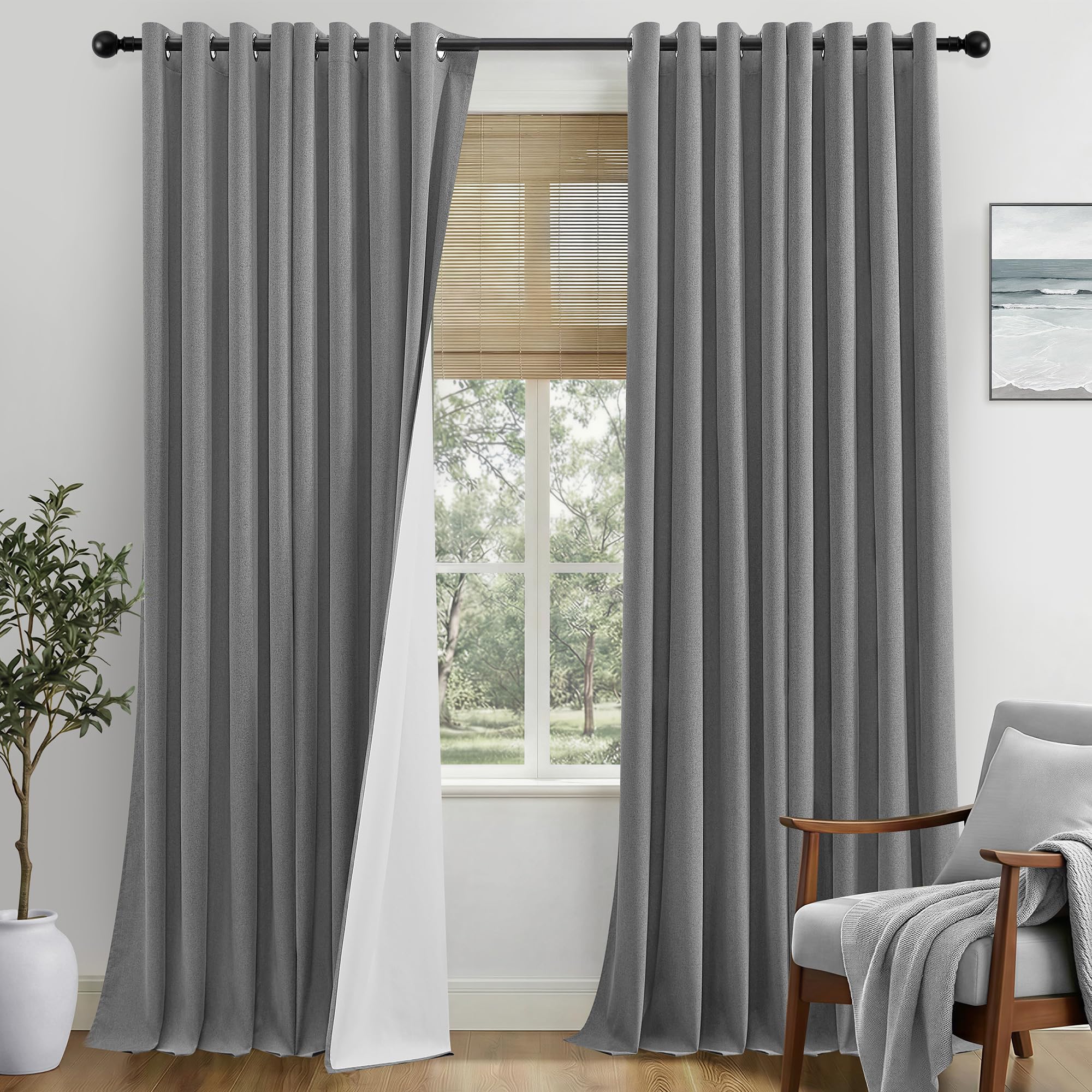 Grey Blackout Curtains 120 Inch Drop for Living Room, Linen Look Thermal Soundproof Room Darkening Curtains for Large Window, Eyelet Bedroom Curtains with Cotaing Back, One Pair, Grey, 52"W x 120"L