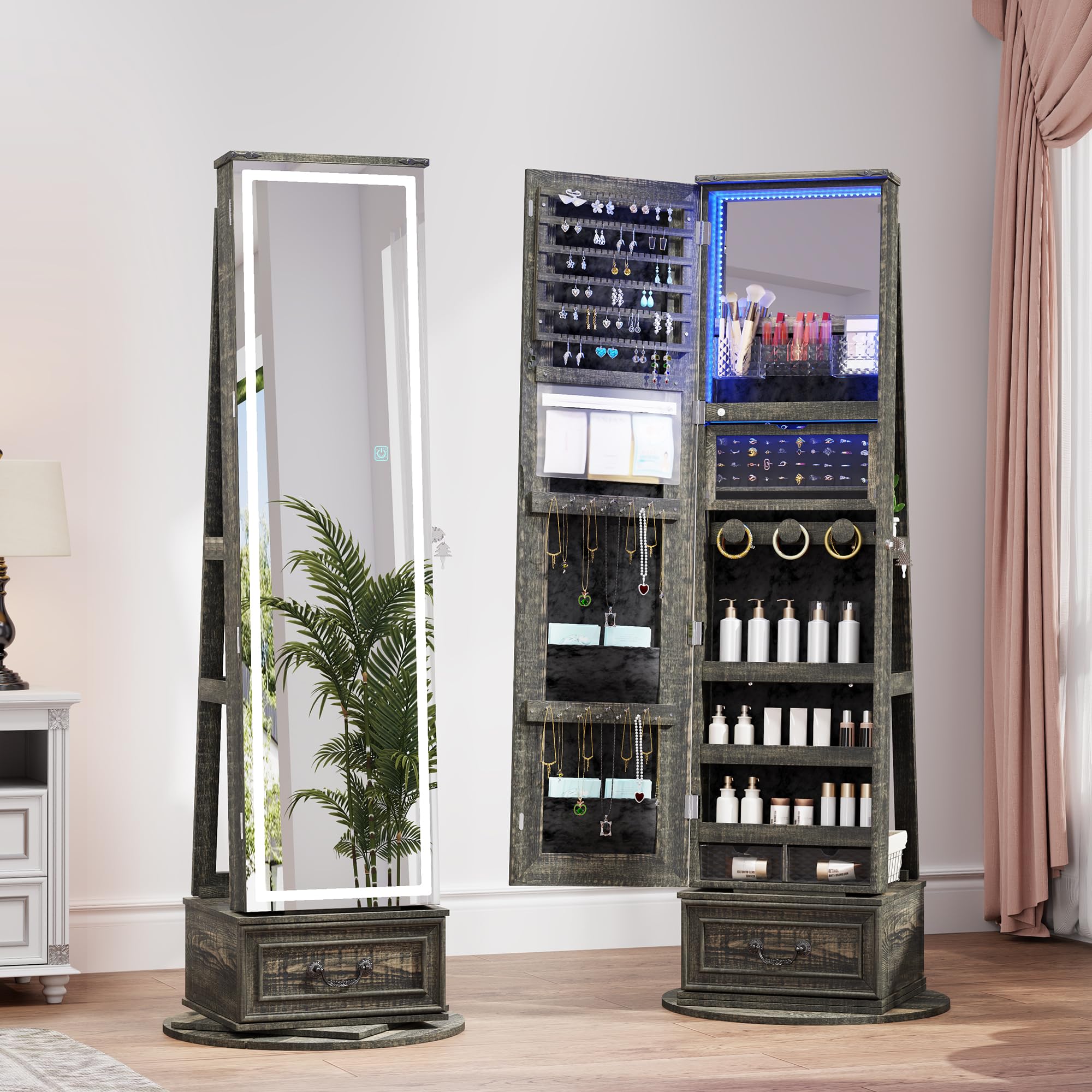 LVSOMT LED Mirror Jewelry Cabinet Standing, 360ยฐSwivel Jewelry Armoire with Full Length Mirror, Mirror with Jewelry Storage and Large Wooden Drawer for Christmas Gifts (): Rustic Grey