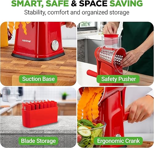 Miniatura 7 de NutriChef Rallador y triturador de queso 5 en 1  5 cuchillas diferentes para tiras finas, gruesas, de juliana, onduladas y rectas  Incluye manivela,