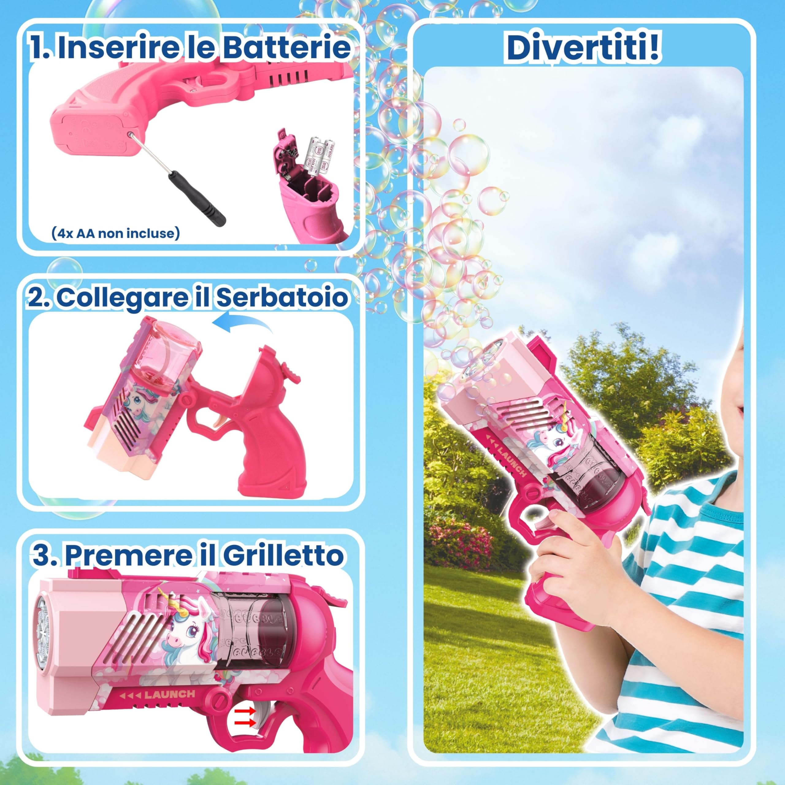 Blubbel Sparabolle di Sapone LED, Pistola Giochi, Macchina Automatica, Bubble Gun, Cannone d’Aria, Giocattolo Matrimonio, Regalo Estivo Bambini, 120ml Liquido Incluso